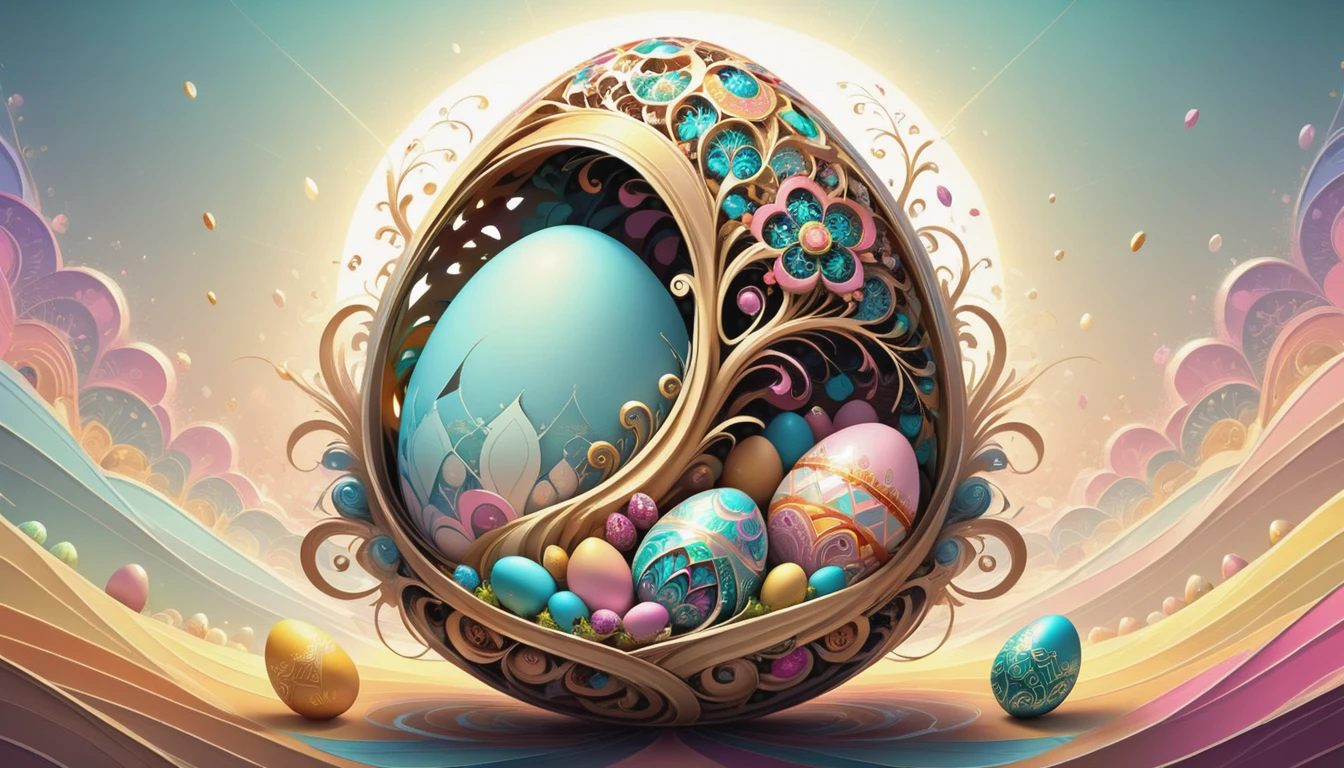 Fractal design art on the theme of Easter eggs. Zen art,Complex bizarre, vector illustration in two dimensions, simplicity of pastel hues, whimsical, dream-like aura, flat design strategy, main focus on the subject, intricate detailing, increased saturation, set amidst a captivating background, trending illustration format on ArtStation