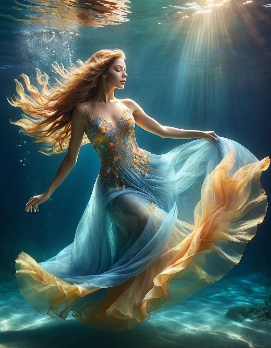 On sunny days, (charming woman in a full evening gown floating in the blue seawater),
underwater photography, ethereal atmosphere, elegant underwater lighting,
best quality, high-res, ultra-detailed, photorealistic:1.37,
Shaw's style, Zena Holloway's style,
vibrant colors in a dreamy palette,
soft, golden sunlight filtering through the water, creating a heavenly glow,
ripples of light sparkling on the surface of the ocean,
lush, flowing fabric of the evening gown gracefully billowing in the water,
the woman's captivating gaze, with mesmerizing and expressive eyes,
long, flowing hair gently floating in the water,
magical, weightless ambiance,
subtle hints of marine life, such as colorful fish or delicate corals,
capturing the serenity and tranquility of being suspended in the water,
a sense of elegance and sophistication mixed with the natural beauty of the ocean,
the woman exuding grace and confidence, effortlessly blending with her aquatic surroundings.