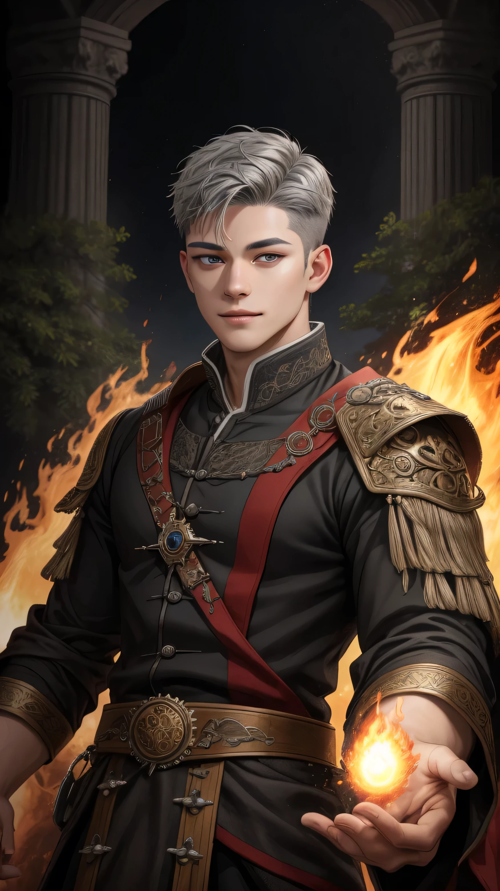 (Absurdres, Intricate Details, Masterpiece, Best Quality, High Resolution, 8k), 1 male, masculine, young, aged up, dreadful, finely detailed eyes and face, gray short back and sides hair, black eyes,  portrait,  looking at viewer, solo, (full body:0.6), detailed background, (RootsBranchesAI theme:1.1) glowing eyes, small smile, high fantasy, casting attack spell, shoot fire, fire magic, spell, fire magic, ancient forests background, Depth of Field, VFX.
