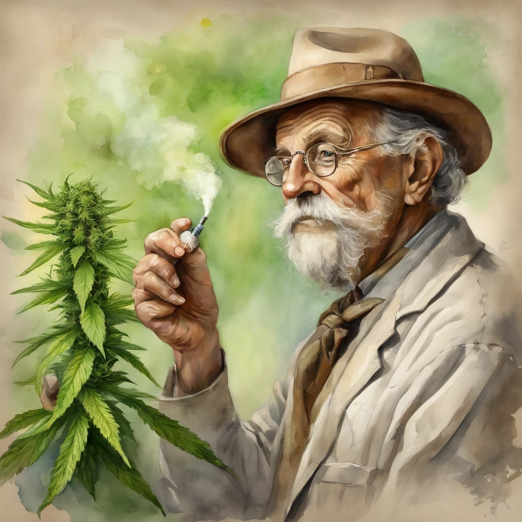 Old scientist with cannabis in hand, Ancien fond mural, cinematographic, Realista, 32K