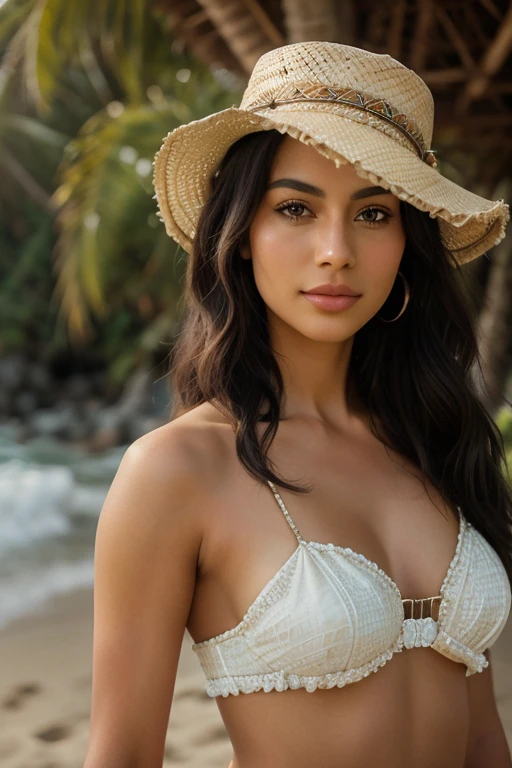 The woman pictured is 48 years old, with a mature and serene appearance. Her hair is long and flows smoothly over her shoulders. The skin is dark in tone, reflecting their Brazilian heritage. His facial features reveal a combination of experience and an aura of wisdom. The eyes express calm and depth, while a slight smile suggests a welcoming and confident personality. She is dressed elegantly and comfortably, complementing its confident and distinctive presence. The background of the image highlights its natural beauty, emphasizing your connection to your culture and history.