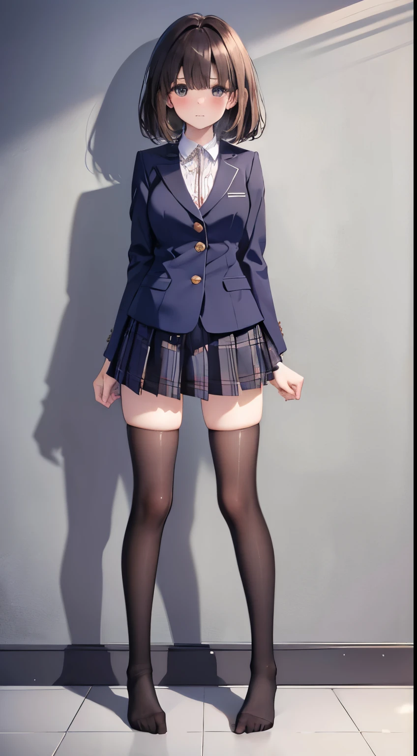 finest, masterpiece, High resolution, (Full body view from head to toe), Composition from slightly below the front, Symmetrical, 18 years old, slim and beautiful girl, alone, (small breasts), (not wearing shoes),Unkempt brown hair, bangs, (black tights), (black pantyhose), tied up with both arms hidden behind the back, , blush, shy big eyes, looking at camera, blazer uniform, plaid pleated skirt、Panties around ankles、Black knee-high socks
