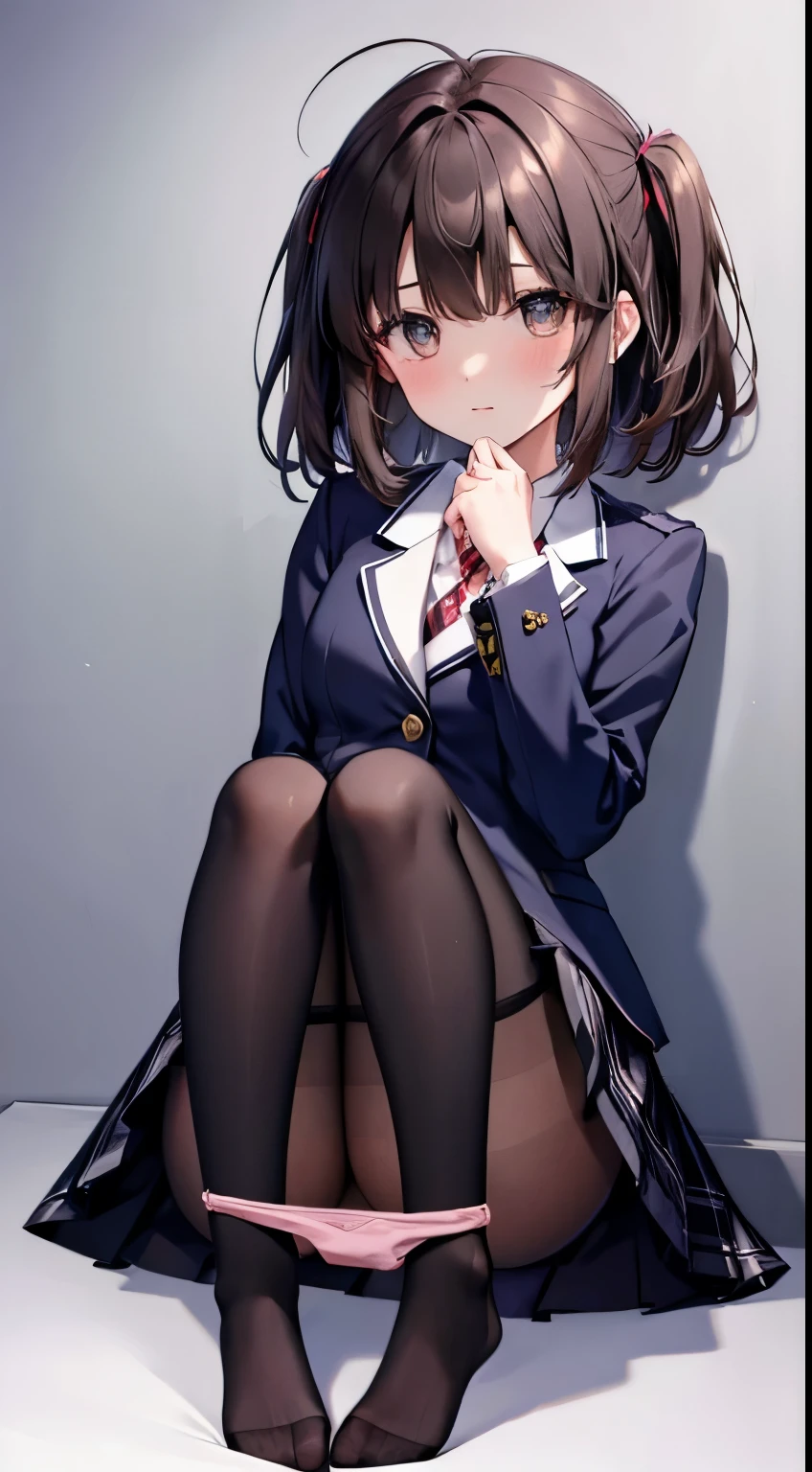 finest, masterpiece, High resolution, (Full body view from head to toe), Composition from slightly below the front, Symmetrical, 18 years old, slim and beautiful girl, alone, (small ), (not wearing shoes),Unkempt brown hair, bangs, (black tights), (black pantyhotied up withrms hidden behind the back, , blush, shy big eyes, looking at camera, blazer uniform, plaid pleated skirt、Panties around anklk knee-high socks