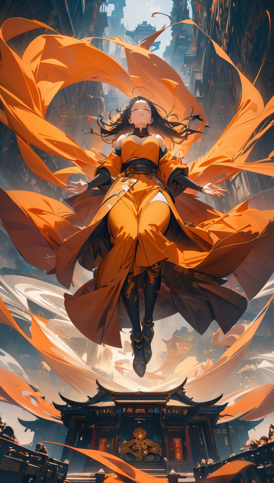 fantasy, abstract, (best quality,4k,8k,highres,masterpiece:1.2),(floating Monk), mechanical monk, levitating in the air while meditating, orange robes, flowing fabric, calm expression on the monk's face, (above ground), immersive background of chinese temlple, ultra-detailed