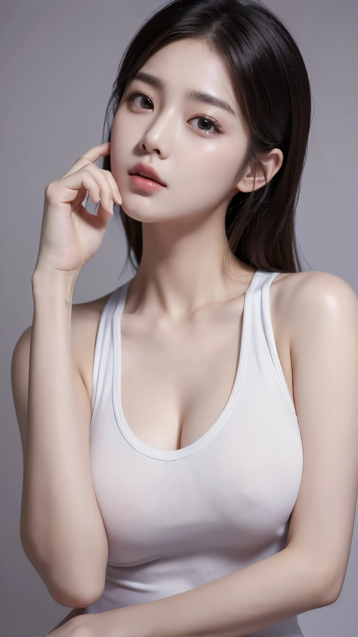 (((masterpiece))), (((High resolution)))、(((8K quality)))、(((perfect face)))、(((K-pop idol)))、25 years old、(tank top), look at the camera, (top quality eyes), (detailed face), (detailed texture), (big tits), (plump)