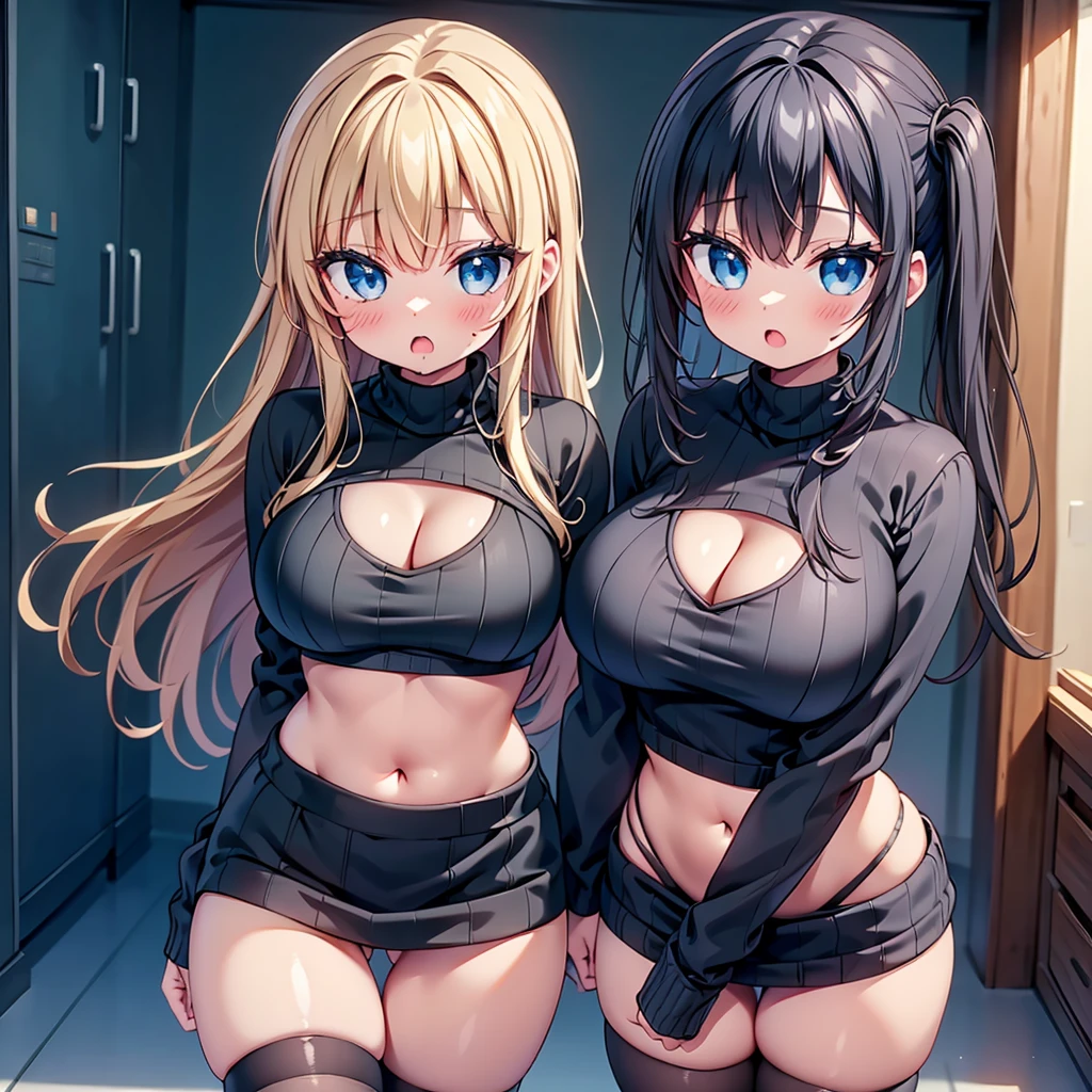 (cute eyes:1.2), (sparkling eyes:1.2), highest quality,wonderful,finely,extremely detailed CG Unity 8K wallpaper, (girl, cute eyes, clothed), virgin killer sweater, (sweater dress:1.2), (ribbed sweater,sideboob,cleavage cutout, turtleneck sweater,(black sweater:1.4),crop top navel), (huge breasts), (open mouth:1.1), (long tongue:1.1), (mouth drool:1.1), (black stockings:1.1),(Thighs:1.2),(Waistline:1.2),(midriff peek:1.2)