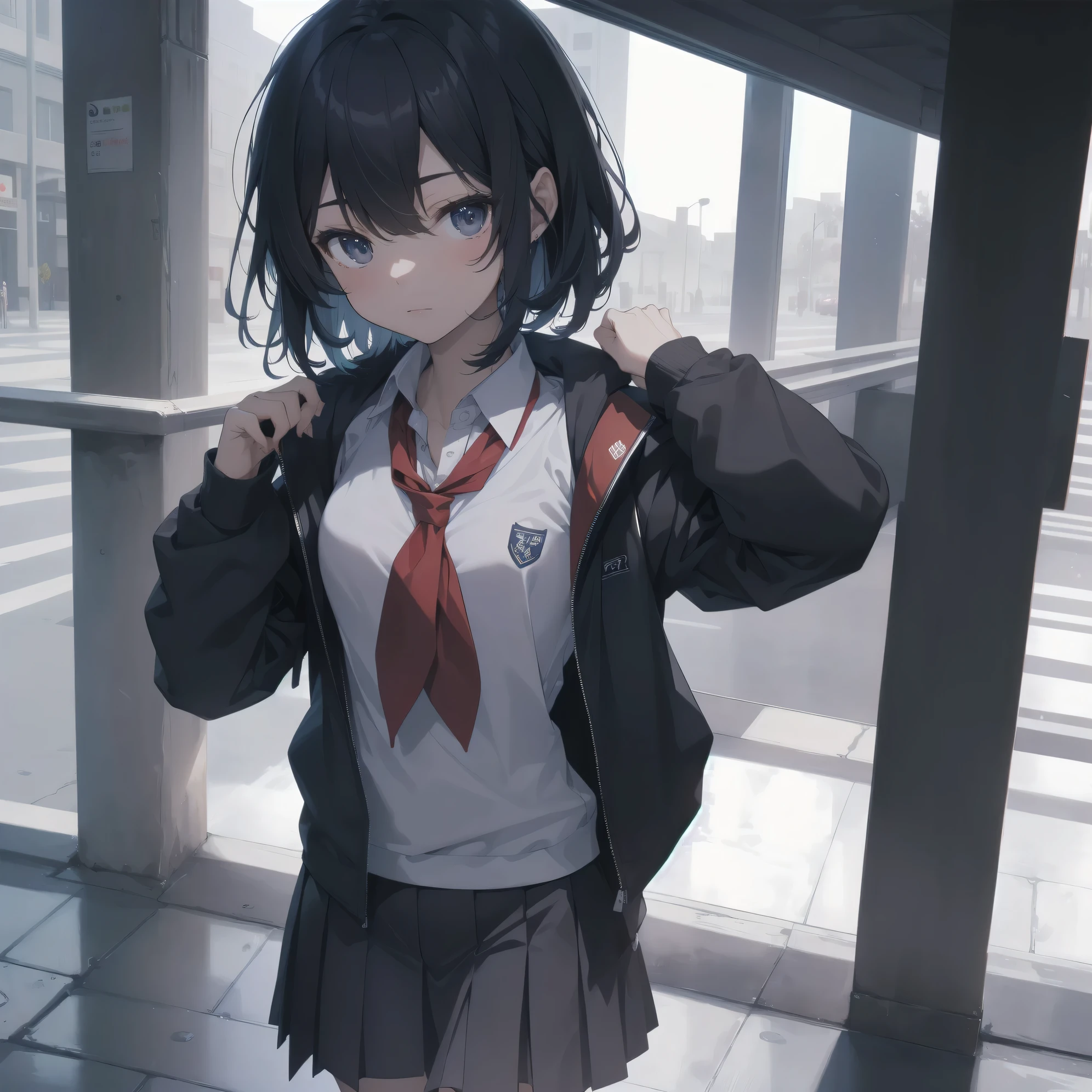 ultra-absurdres-Top quality by artist God, ultra-detailed, high resolution, anime moe artstyle, best anime 8k konachan wallpaper, pixiv contest winner,pool:2810, perfect anatomy,break, 1girl, (Please draw a girl walking sleepily to school alone. )break,(Solo,little female, 13-year-old:1.3),Full limbs, complete fingers,a junior high school student, (very short hair), short cut, flat chest, , small butt, small black eyes, beautiful detailed eyes, well-proportioned iris and pupils, expressive eyes, highres detailed hair, soft expression, school_uniform, official_alternate_costume, neckerchief, collared shirt. pleated skirt,(Detailed Lighting), (Detailed background), in the School commute route. break,super detailed skin, Best cinematic lighting powered by famous artist, 8k,beauty illustration,photoshop_(medium),very aesthetic,break,((artist:shiokonbu )), artist:bolze ,artist:oyari_ashito ,artist:kantoku ,