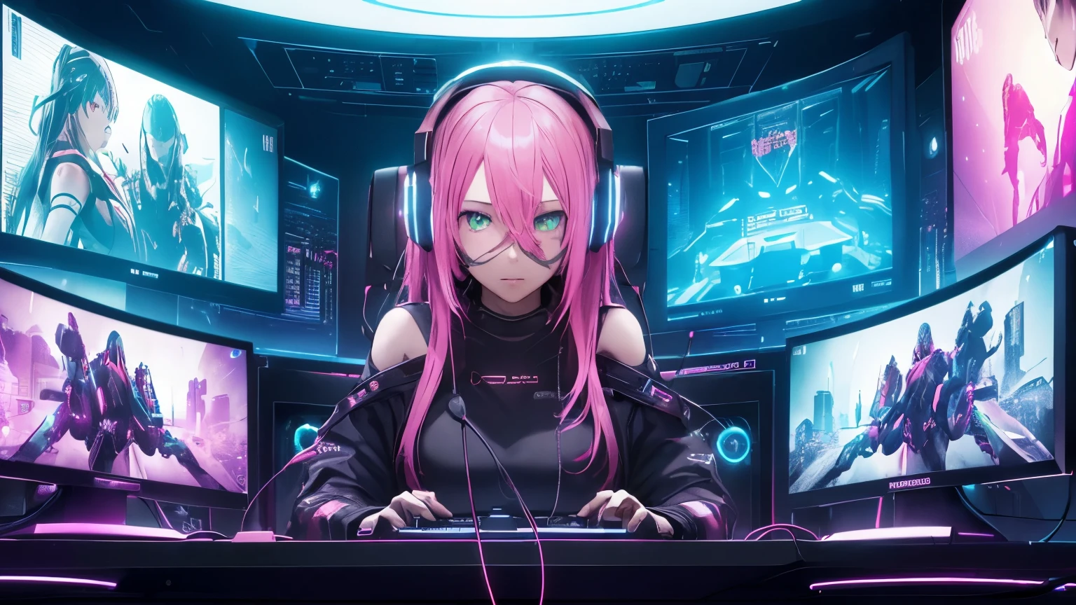 ((Masterpiece)), (((Best Quality)))), ((Illustration)), (Depth of Field: 1.2),Solo,Dynamic Angle,1 Girl,Hacker Beautiful 15 Years Old medium skin colored Girl, Indoors, Room, Dim Room, Sci-Fi, Neon, Neon Lights, Cyberpunk, Computer Room, Gaming Headphones, Computer Equipment, Ethical Hacker, Server Room Background, display lights, monitors, (LED monitors, surrounded by multiple display monitors: 1.5), gaming chair,  bright pink hair highlights, long hair, light cyber clothes, energy drinks, cables, messy room, front, bottom, talking at camera, wearing cyber punk googles