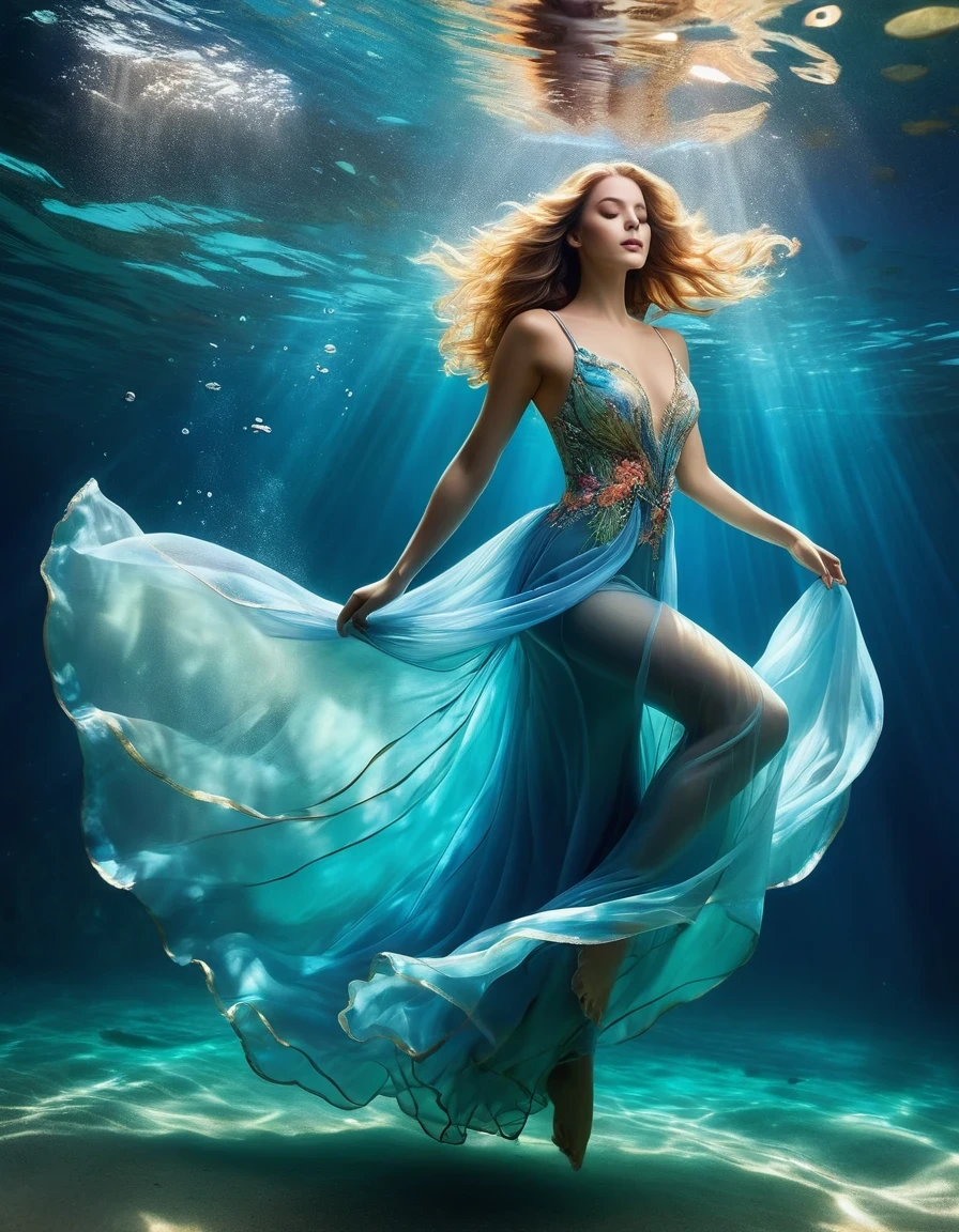 in style of Willem Haenraets，On a sunny day (a charming woman floating in blue seawater wearing a full evening gown), with a bent waist, underwater artistic gymnastics, underwater photography, ethereal atmosphere, elegant underwater lighting, the best quality, high resolution, ultra fine, photo realism: 1.37, Shaw style, Zena Holloway style, vibrant colors in a dreamy palette, soft golden sunlight shining through the water, creating a heavenly light. The ocean surface is sparkling and lush, and the flowing evening gown fabric gracefully flips in the water. The woman's charming gaze, charming and expressive eyes, and flowing long hair gently The ground floats in the water, creating a magical and weightless atmosphere, with subtle hints from marine creatures such as colorful fish or delicate corals, Capturing the tranquility and tranquility suspended in the water, elegance and sophistication intertwined with the natural beauty of the ocean, women exude elegance and confidence, effortlessly blending into the aquatic environment.