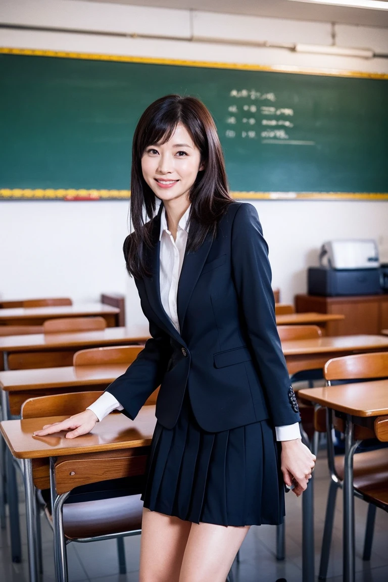 Best Quality, Mastepiece, Photorealistic, It is high resolution., 8k Raw photo,Solo, 1girl, 30 years old、Standing in a school classroom、smile、gentlemen、business suit、skirt、High heels