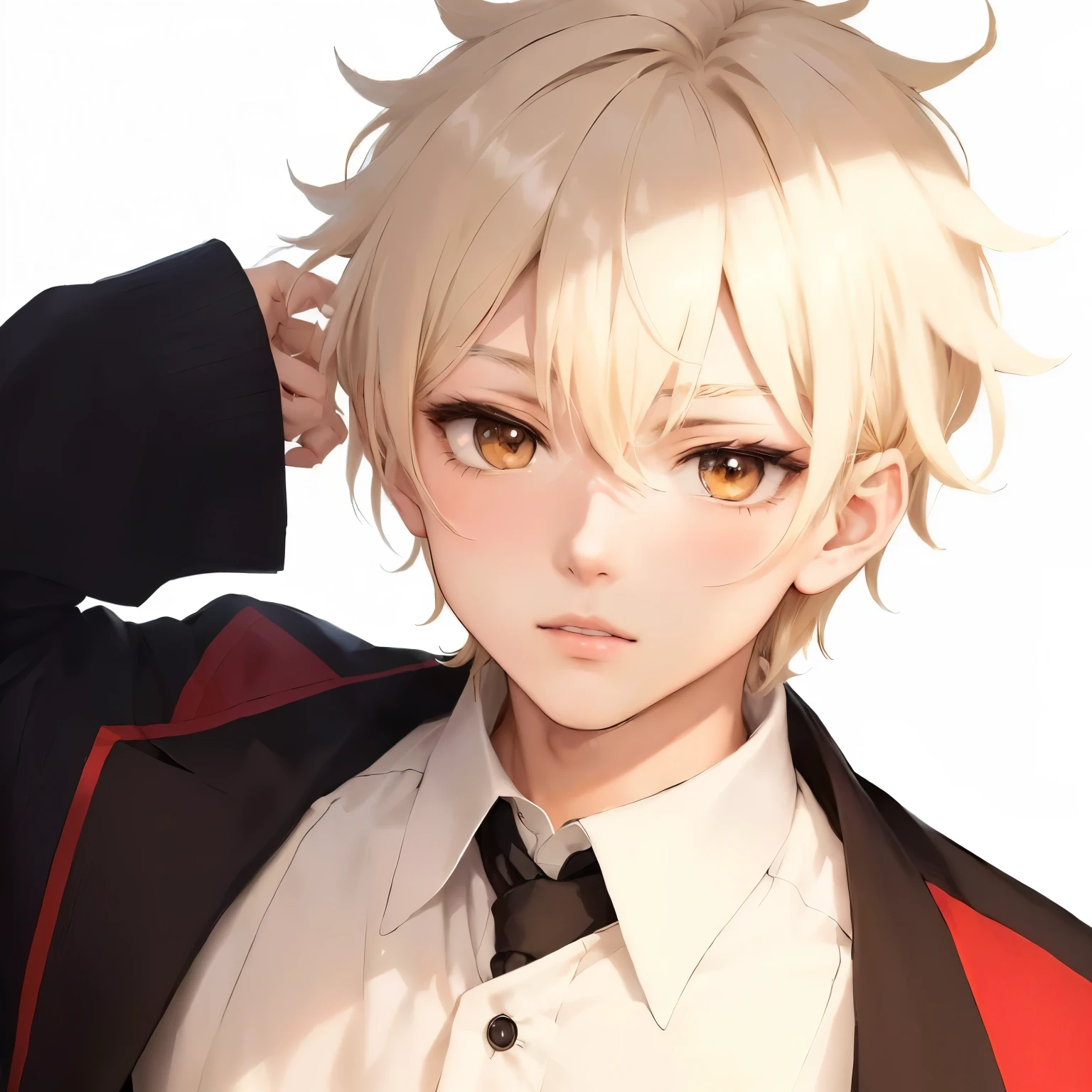 anime - imagen de estilo de un hombre con cabello rubio y una polera blanca simple, from Frontline girls, delicate androgynous prince, beautiful androgynous prince, joven animado, personaje de anime masculino, pose de anime guapo, chico anime, finos detalles. Frontline girls, portrait of magical blonde prince, Moe anime art style, hombre guapo animado, Hajime Yataté