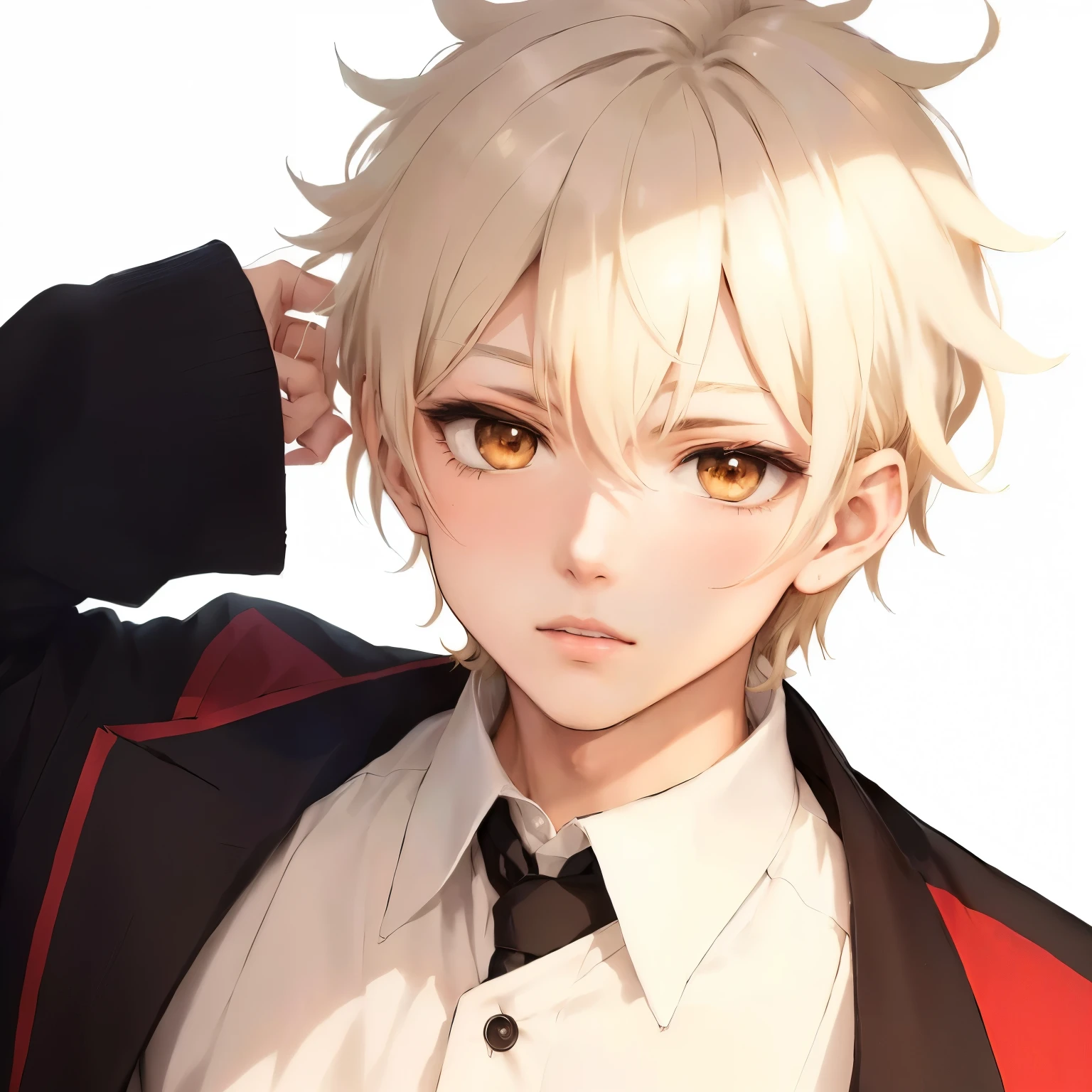 anime - imagen de estilo de un hombre con cabello rubio y una polera blanca simple, from Frontline girls, delicate androgynous prince, beautiful androgynous prince, joven animado, personaje de anime masculino, pose de anime guapo, chico anime, finos detalles. Frontline girls, portrait of magical blonde prince, Moe anime art style, hombre guapo animado, Hajime Yataté