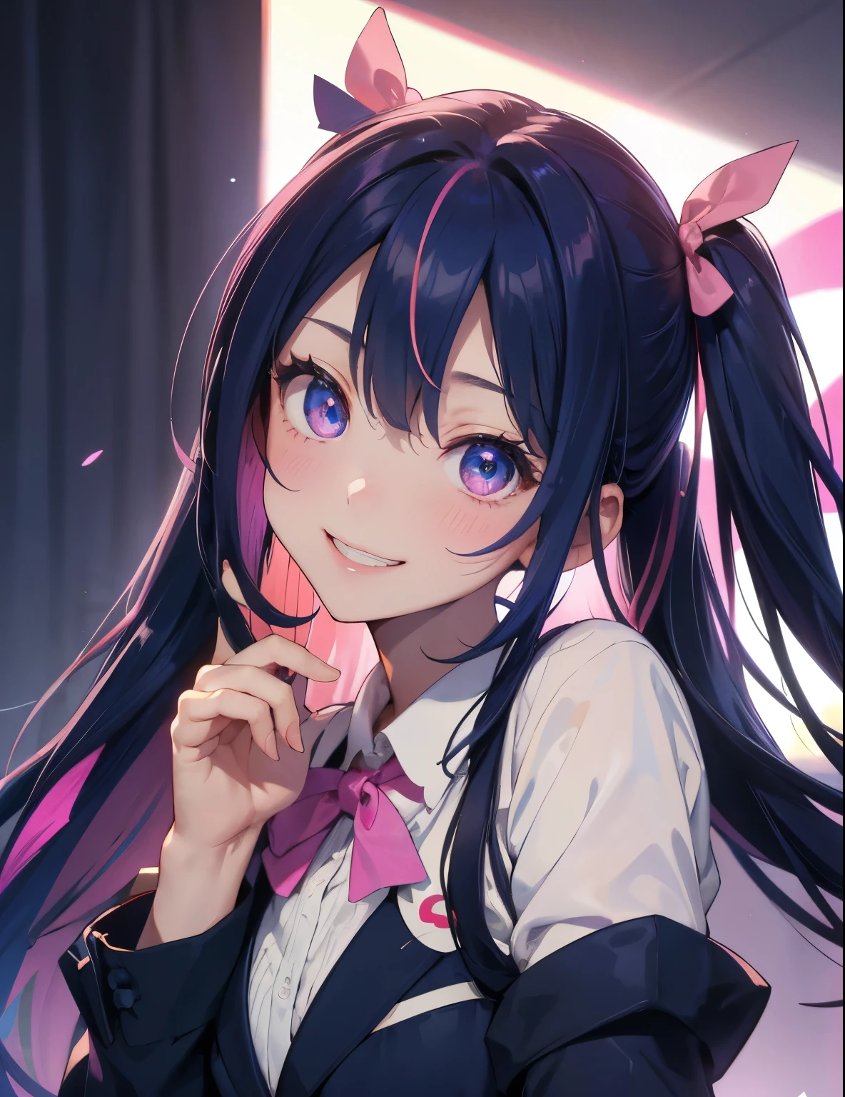​masterpiece:1.2、hightquality、top-quality、hight resolution、detaileds、A hyper-realistic、Beautiful high school girl、Adults、High 、Dark blue blazer、Pink mini skirt、Pink ribbon、long hair with pink twin tails,,、Beautiful blue eyes、tilt of the head、Schools、birdie、rainbows、portlate、Lovely smile、showing teeth、(A detailed face)、((sharp focus))、((faces))、Upper Body_Body