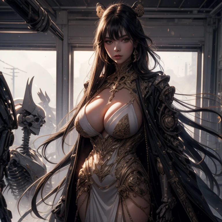 whole body, (Robot skeleton samurai), (Wearing a futuristic Arabian samurai cross dress), (In the style of white + Money + black), Mysterious Background, fog, highest quality, Very detailed, Realistic, Ultra-high resolution, Studio Lighting, Professional, (Bokeh), Portraiture, Science fiction, Concept Art, Soft lighting.、Camel Toe、Giant tit、Nipple Puffs、Cleavage、Plump、Super big breasts、Super big butt