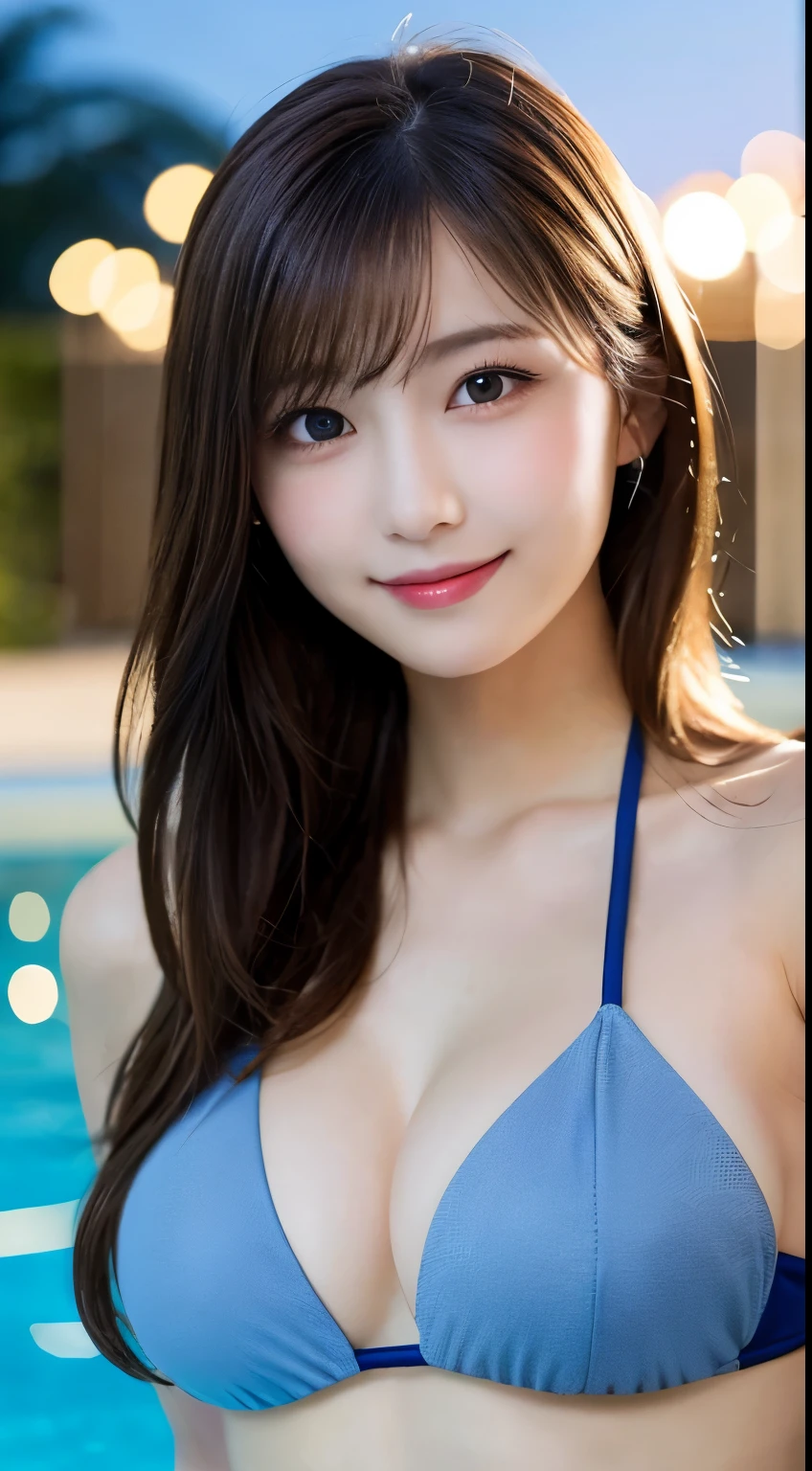 whole body, highest quality, figure, Super detailed, finely, High resolution, 8K, 完璧なダイナミックな構figure, Detailed and beautiful eyes, bikini,Medium Hair, Center of chest, Natural color lip, Random sexy poses,smile,Night Pool,Large Breasts
