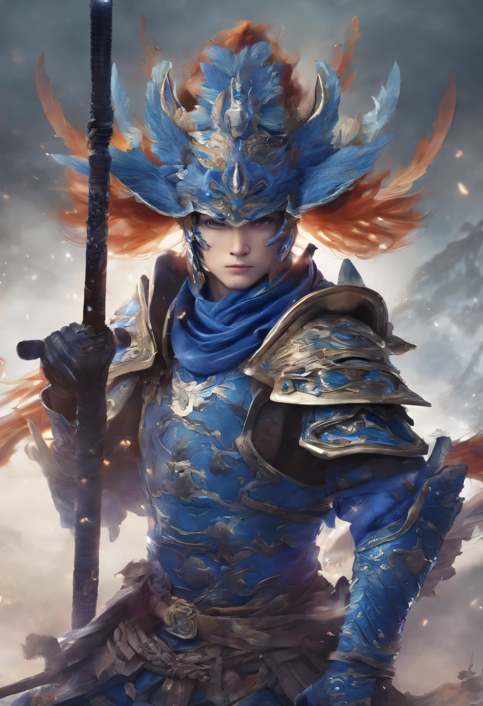 Super cool samurai、armor、armor、Blue eyes peeking out from under the helmet、bark、Face Close Up、