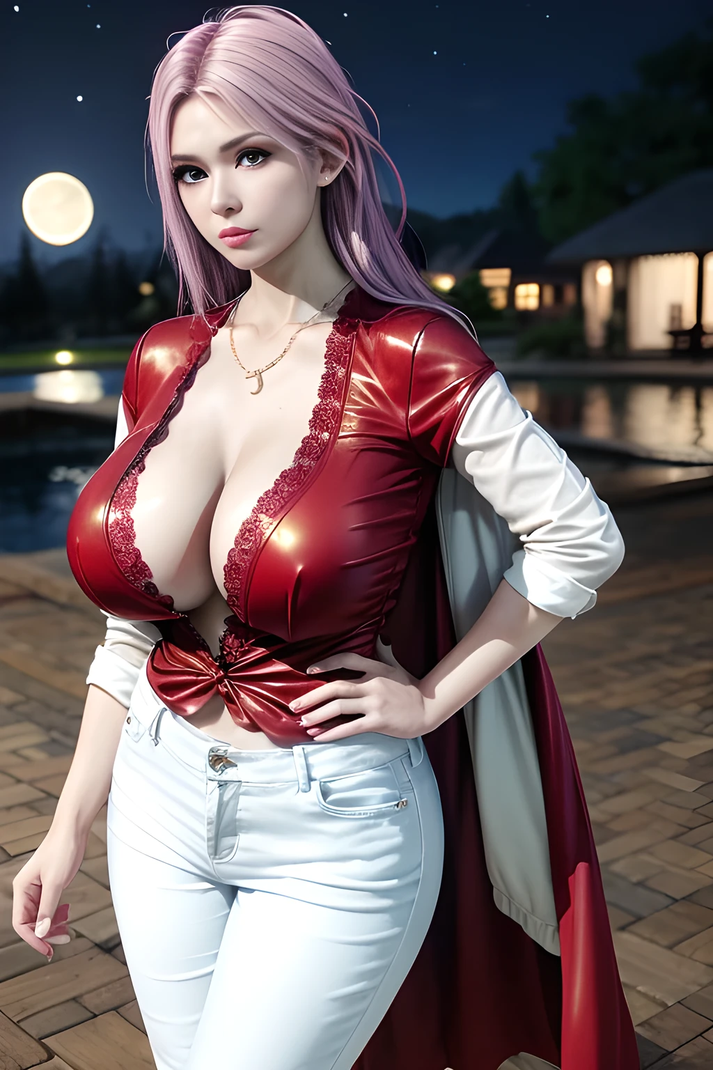 1 girl,lean over WINK,wearing (red shirt), neat clothes, formal attire, wearing a white blazer, white pants, outdoor,elegant,nighttime,moonlighe,shiny skin,( huge breasts:1.1), lip gloss,tattoos, masterpiece, best quality, realistic ,Surrealism,natural colors art in 8k,soft shadows,Portrait art,solo,  elise,