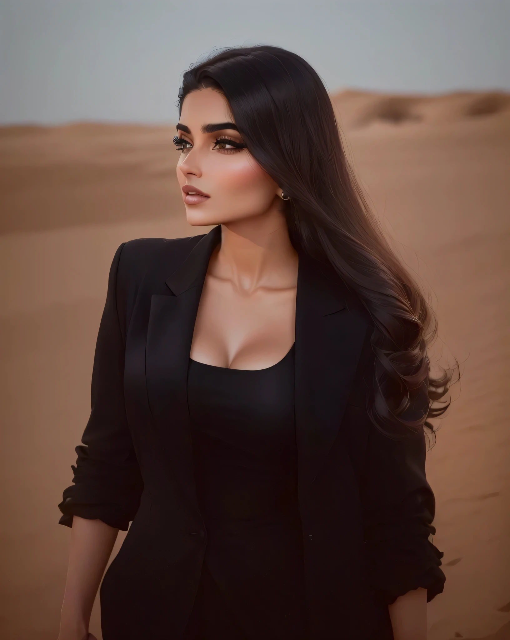 araffe woman in black jacket and black dress in desert, girl in suit, ameera al taweel, tanned ameera al taweel, girl in a suit, ameera al-taweel, arab ameera al taweel, african ameera al taweel, in a black suit, wearing a fancy black jacket