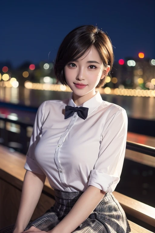 (8k, RAW photo, best quality, masterpiece:1.2), (realistic, photo-realistic:1.37), ultra-detailed,
1 girl,cute, solo,beautiful detailed sky,detailed cafe,night,sitting,dating,(nose blush),(smile:1.1),(closed mouth),large breasts, seductive smile, large aparture, professional lighting, Sony A7R4, Zessie 50mm F1.8,
medium breasts,beautiful detailed eyes,(collared shirt:1.1), bowtie,pleated skirt,(short hair:1.2),floating hair