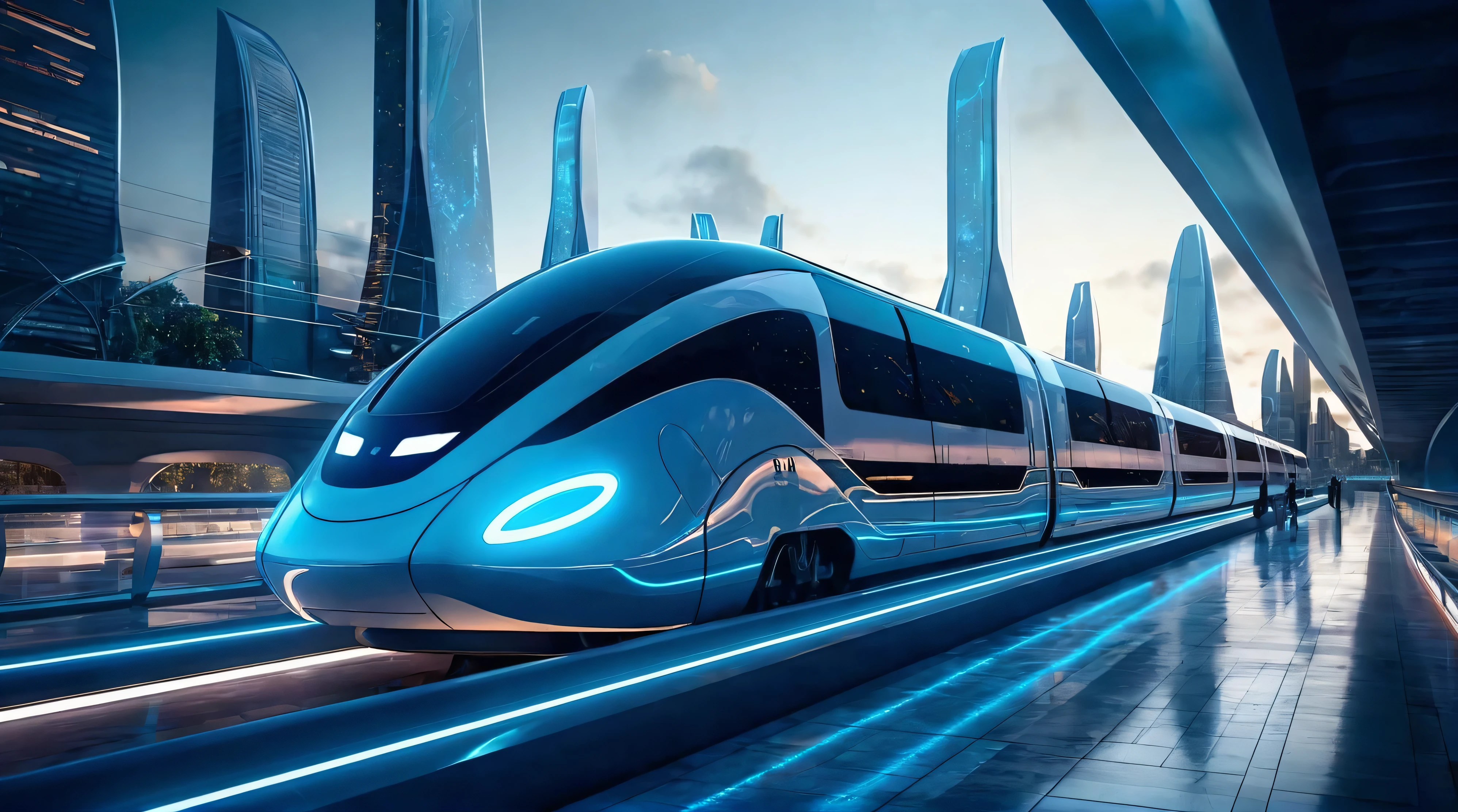 Future, daylight, a futuristic city square. A futuristic fast train with blue neon lights is floating 8 inches above the ground, without tracks. In the background a futuristic city.