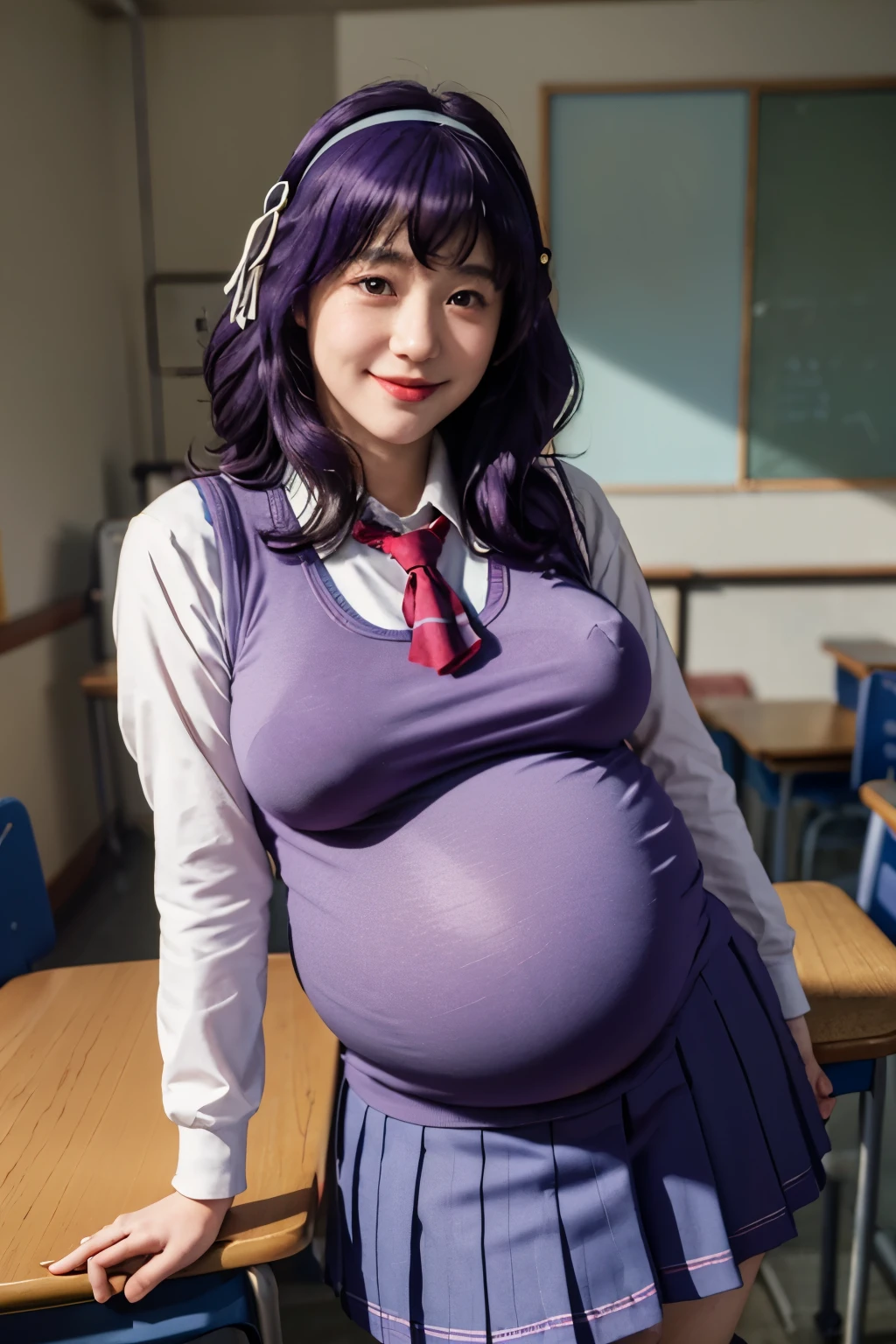 (best quality:1.1), (masterpiece:1.4), (absurdres:1.0), portrait,
1girl,yamanobe tomo, purple hair, red eyes, medium hair, huge breasts, ((huge pregnant)), (school uniform:1.3), blue skirt, hairband, looking at viewer, classroom, (blush:1.1),on d850 film stock photograph 4 kodak portra 400 camera f1.6 lens rich colors hyper realistic lifelike texture dramatic lighting unrealengine trending on artstation cinestill 800 tungsten, smile