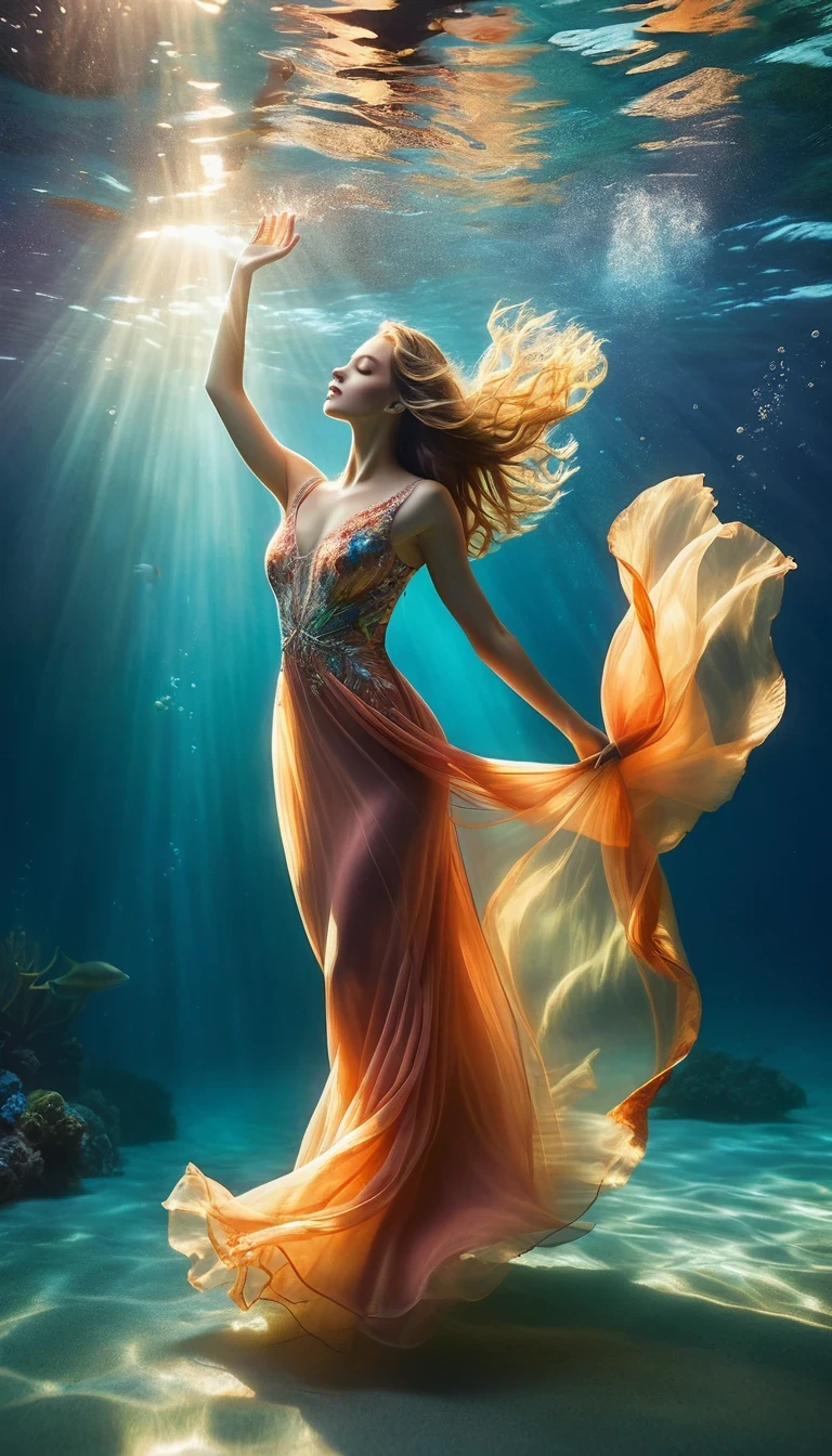 On a sunny day (a charming woman floating in blue seawater wearing a full evening gown), with a bent waist, underwater artistic gymnastics, underwater photography, ethereal atmosphere, elegant underwater lighting, the best quality, high resolution, ultra fine, photo realism: 1.37, Shaw style, Zena Holloway style, vibrant colors in a dreamy palette, soft golden sunlight shining through the water, creating a heavenly light. The ocean surface is sparkling and lush, and the flowing evening gown fabric gracefully flips in the water. The woman's charming gaze, charming and expressive eyes, and flowing long hair gently The ground floats in the water, creating a magical and weightless atmosphere, with subtle hints from marine creatures such as colorful fish or delicate corals, Capturing the tranquility and tranquility suspended in the water, elegance and sophistication intertwined with the natural beauty of the ocean, women exude elegance and confidence, effortlessly blending into the aquatic environment.