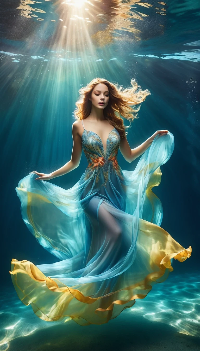 On a sunny day (a charming woman floating in blue seawater wearing a full evening gown), with a bent waist, underwater artistic gymnastics, underwater photography, ethereal atmosphere, elegant underwater lighting, the best quality, high resolution, ultra fine, photo realism: 1.37, Shaw style, Zena Holloway style, vibrant colors in a dreamy palette, soft golden sunlight shining through the water, creating a heavenly light. The ocean surface is sparkling and lush, and the flowing evening gown fabric gracefully flips in the water. The woman's charming gaze, charming and expressive eyes, and flowing long hair gently The ground floats in the water, creating a magical and weightless atmosphere, with subtle hints from marine creatures such as colorful fish or delicate corals, Capturing the tranquility and tranquility suspended in the water, elegance and sophistication intertwined with the natural beauty of the ocean, women exude elegance and confidence, effortlessly blending into the aquatic environment.