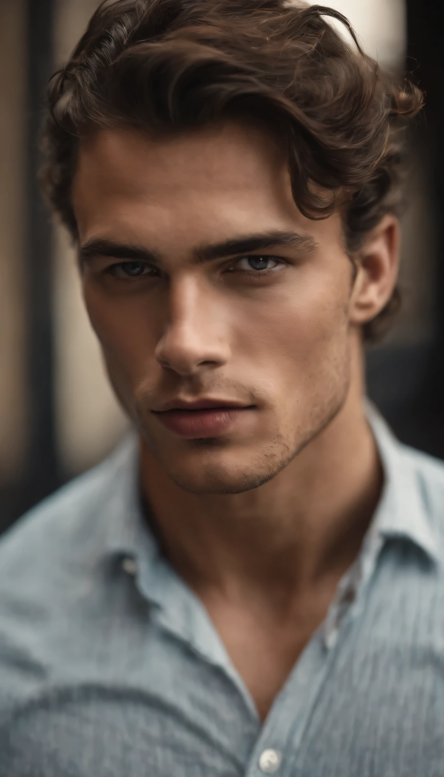 retrato de um belo modelo masculino, 19 anos de idade, camisa aberta, era regencial, Sem barba, with dark, wavy, messy hair, olhos azuis super claros, thick lips, defined muscles, ajustar, corpo rasgado, Tiro de corpo inteiro, rosto detalhado ultra mais alto, dramatic lighting, luz difusa, Bokeh suave