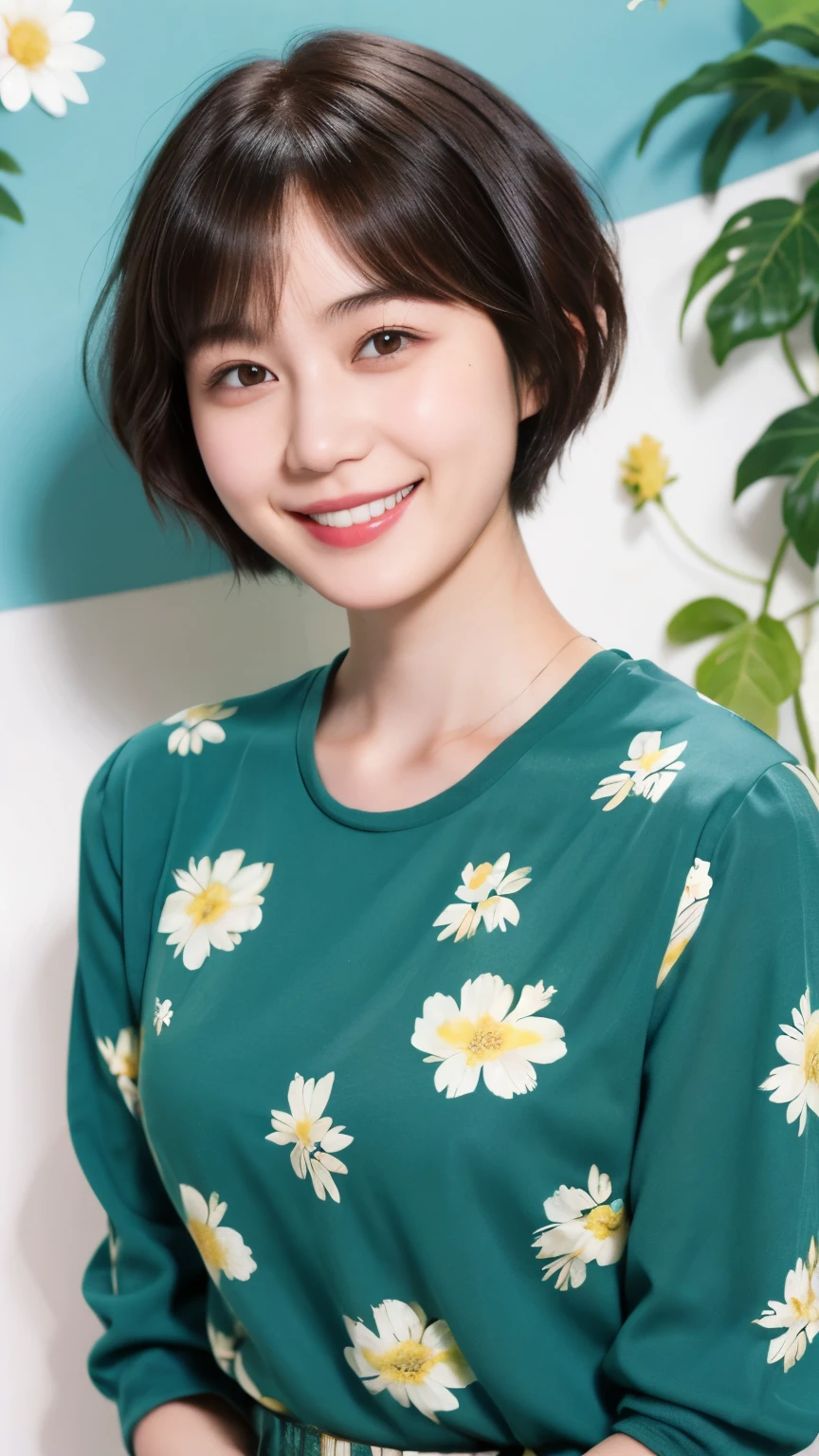 215 Short Hair, 20-year-old woman, A kind smile, Floral