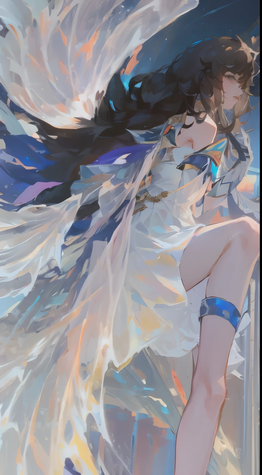 ((best quality)), ((masterpiece)), ((1 Girl)), Solitary, ferry, ((Long hair)), ferryBase, ((High Leg Raise)), Bare shoulders, ((jewelry)), ((sleeveless)), White Dress, Blue skirt, ((Gloves)), Thigh high, From the back.