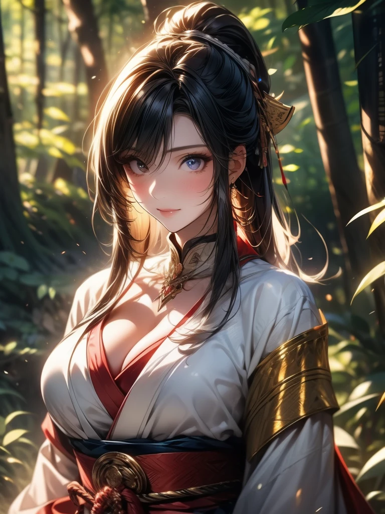 {{{masterpiece}}}, {{{best quality}}}, {{ultra-detailed}}, {cinematic lighting}, {illustration}, {beautifuly detailed eyes}, {1girl}, extremely detailed, 1girl, solo,  A beautiful samurai warrior, blue hair in a long ponytail, wearing white and black kimono, warrior, playful smile, brown eyes, huge breasts, hourglass figure, facing viewer, outdoors, woodland background, highly detailed face and clothing, slightly narrow eyes, perfect face, fair skin, hair bangs, long hair, cowboy shot, noble beautiful, traditional Japanese clothing, samurai woman