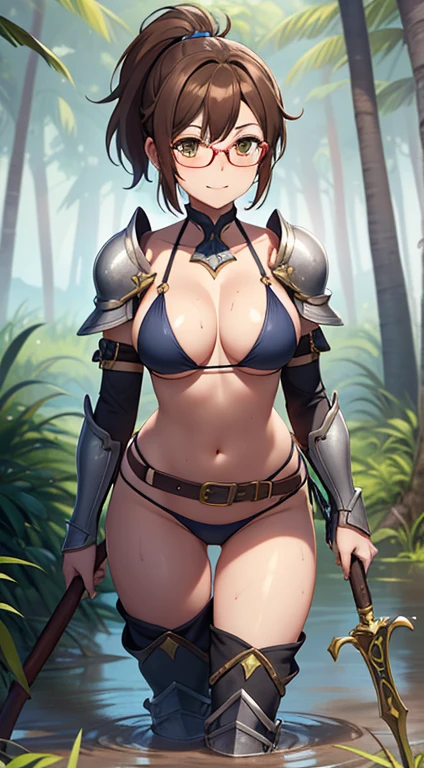 (1 Girl,Solo) ,Fantasy, High resolution, 19 Private, Creative, (Waist sheath:1.3), Open Mouth Smile, , Short Hair, Medium bust, Displaying the viewer, Bangs ,Hazel eye detail, , hands on chest,(Brown hair,Short ponytail hair:1.5), ,Short Hair, Peeing while standing,Straight on, Couple,(Esbian all over:1.1), White thighs,(Couple:1.4),Close-up portrait of a woman in armor holding a single-edged axe, armor girl, Bikini Armorfemale knight, bikini armor, Bikini Armor, Gorgeous Female Paladin, female knight, 美しいfemale knightの, beautiful armor, slender、シルバーBikini Armor, Exposed abdomen, 華やかなBikini Armor, Stunning Armor, Skin gloss、Skin gloss、Esbian all over,Thighs,Woman in silver armor boots covered in mud、(In the muddy swamps、Boots are stained with mud)、covered with a lot of mud、Mud flows down the body、(The skin is covered with mud)、(The skin is covered with mud)、(Lower body stained with mud)、Falling into the mud, Mud-stained armor,Glasses、jungle