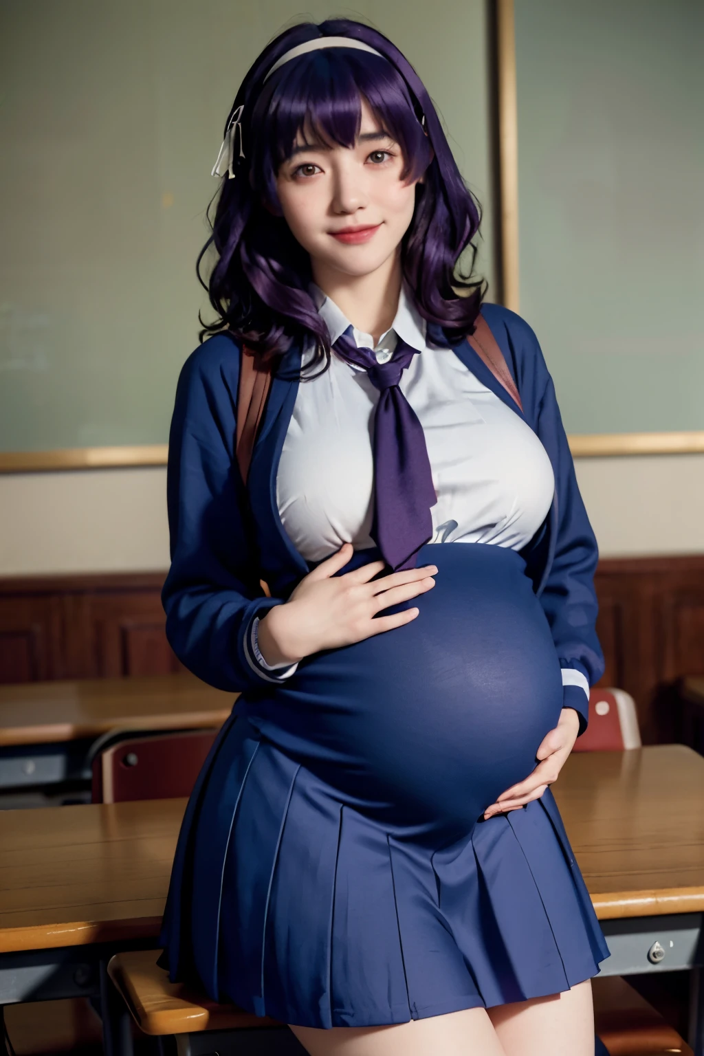 (best quality:1.1), (masterpiece:1.4), (absurdres:1.0), portrait,
1girl,yamanobe tomo, purple hair, red eyes, medium hair, huge breasts, ((huge pregnant)), (school uniform:1.3), blue skirt, hairband, looking at viewer, classroom, (blush:1.1),on d850 film stock photograph 4 kodak portra 400 camera f1.6 lens rich colors hyper realistic lifelike texture dramatic lighting unrealengine trending on artstation cinestill 800 tungsten, smile