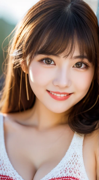 Tabletop, highest quality, figure, Very detailed, Fine details, High resolution, 8k wallpaper, Perfect dynamic composition, smile,Harajuku、20-year-old girl、cute、detailed eyes looking at camera, Natural lips, Red knit dress , Big Breasts, Cleavage