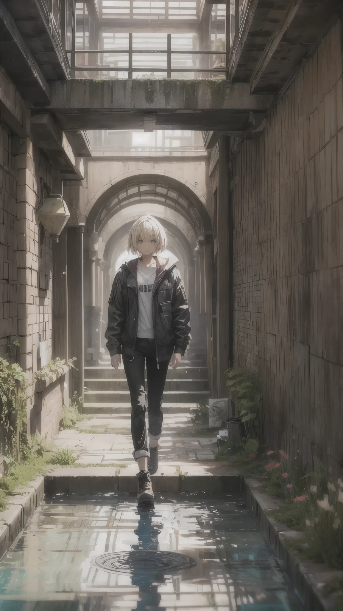 ((Inside the giant maze made from pools)),one woman,20 years old woman,she’s wearing army style clothes,short blonde hair,she’s walking the maze