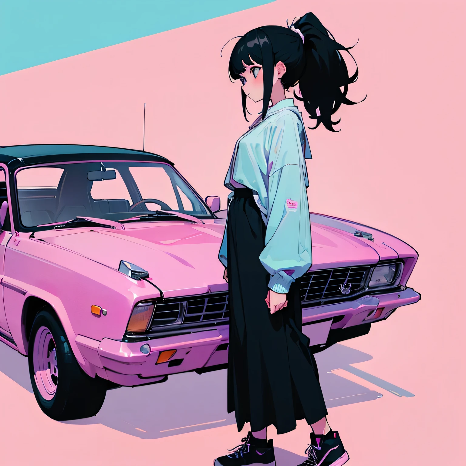 girl、Black Hair、ponytail、Standing next to a pastel colored car、Retro style background
