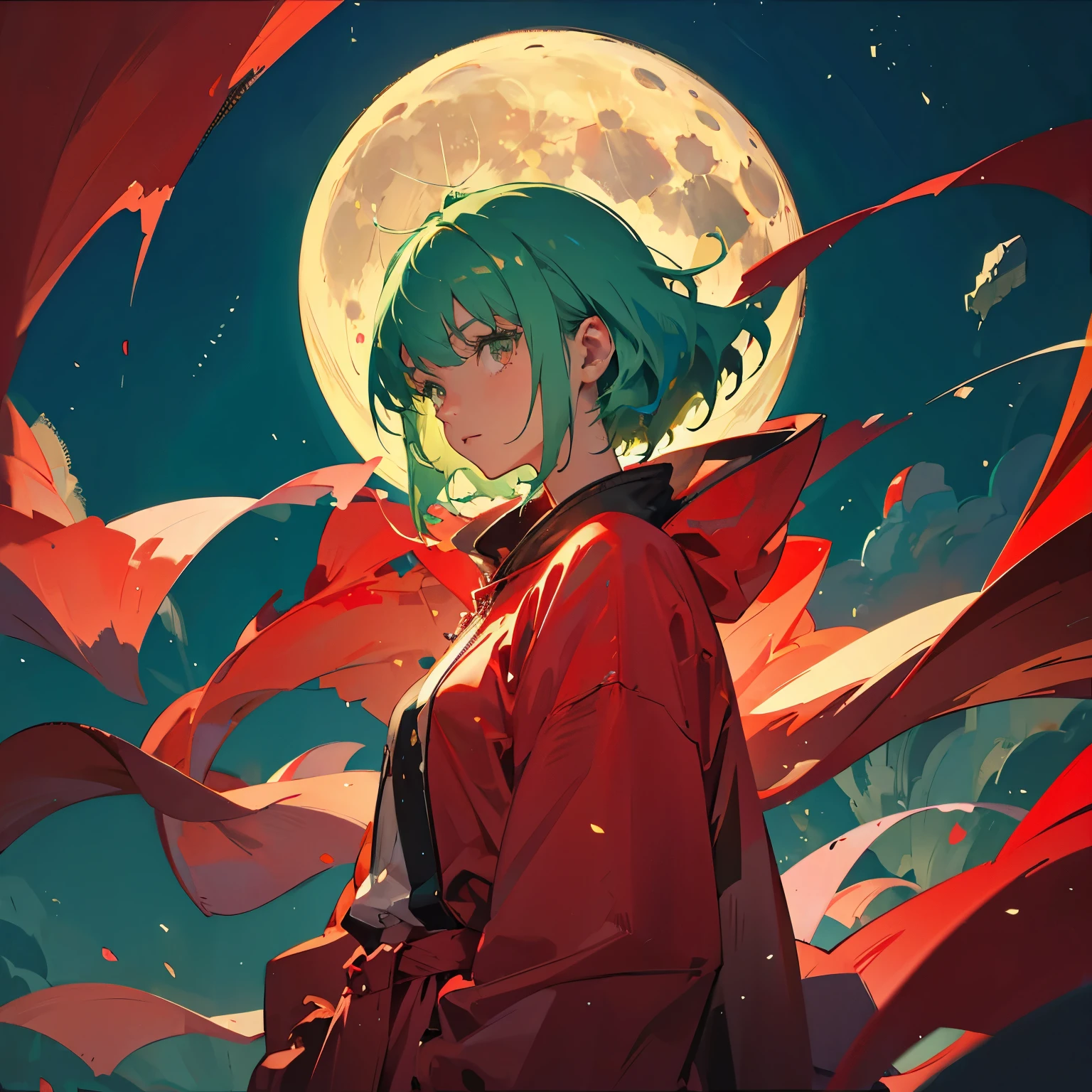 moon Green-haired woman Red clothes