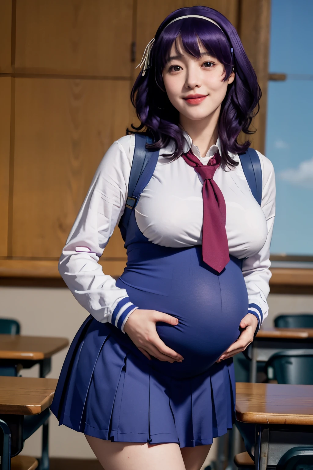 (best quality:1.1), (masterpiece:1.4), (absurdres:1.0), portrait,
1girl,yamanobe tomo, purple hair, red eyes, medium hair, huge breasts, ((huge pregnant)), (school uniform:1.3), blue skirt, hairband, looking at viewer, classroom, (blush:1.1),on d850 film stock photograph 4 kodak portra 400 camera f1.6 lens rich colors hyper realistic lifelike texture dramatic lighting unrealengine trending on artstation cinestill 800 tungsten, smile