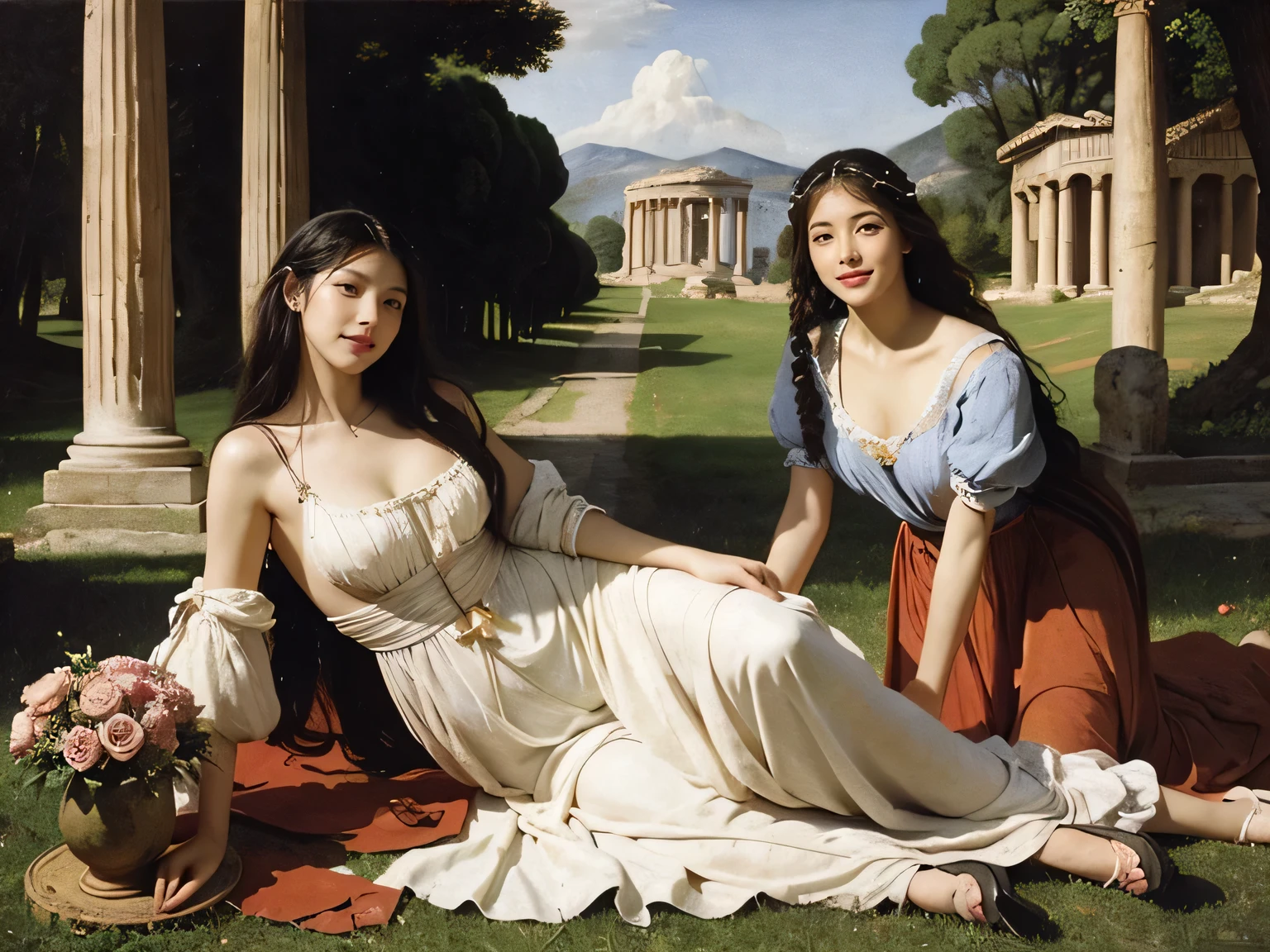 full body portrait or statue、Giorgione painting style,Arguments of two female Philosophe,math、astronomical machine、astronaut、roses in vase、fruits、Cute trinkets、smile、ancient greek costume、Ancient Roman landscape in the style of Nicolas Poussin,laughter,,Sweet and seductive appearance.、Caravaggio's paintings、Chiaroscuro of Caravaggio、hair tousled by the wind,Two women frolicking,cute smile, expression of ecstasy,Sexy,erotic,