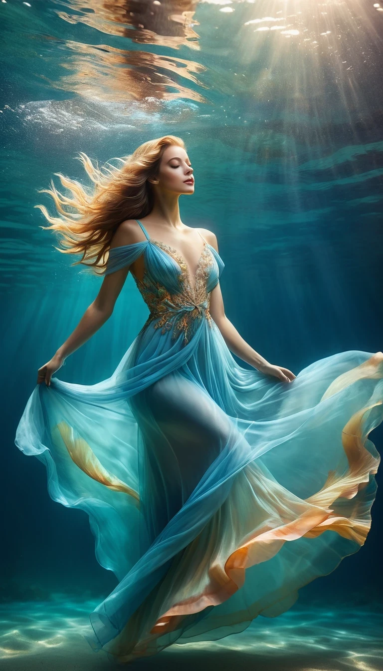 in style of Hayv Kahraman,On a sunny day (a charming woman floating in blue seawater wearing a full evening gown), with a bent waist, underwater artistic gymnastics, underwater photography, ethereal atmosphere, elegant underwater lighting, the best quality, high resolution, ultra fine, photo realism: 1.37, Shaw style, Zena Holloway style, vibrant colors in a dreamy palette, soft golden sunlight shining through the water, creating a heavenly light. The ocean surface is sparkling and lush, and the flowing evening gown fabric gracefully flips in the water. The woman's charming gaze, charming and expressive eyes, and flowing long hair gently The ground floats in the water, creating a magical and weightless atmosphere, with subtle hints from marine creatures such as colorful fish or delicate corals, Capturing the tranquility and tranquility suspended in the water, elegance and sophistication intertwined with the natural beauty of the ocean, women exude elegance and confidence, effortlessly blending into the aquatic environment.