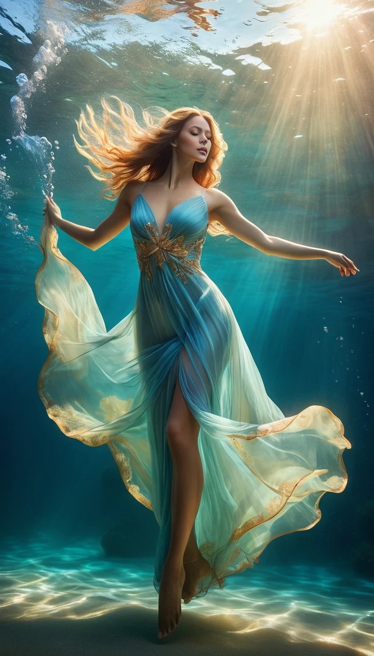 in style of Hayv Kahraman，On a sunny day (a charming woman floating in blue seawater wearing a full evening gown), with a bent waist, underwater artistic gymnastics, underwater photography, ethereal atmosphere, elegant underwater lighting, the best quality, high resolution, ultra fine, photo realism: 1.37, Shaw style, Zena Holloway style, vibrant colors in a dreamy palette, soft golden sunlight shining through the water, creating a heavenly light. The ocean surface is sparkling and lush, and the flowing evening gown fabric gracefully flips in the water. The woman's charming gaze, charming and expressive eyes, and flowing long hair gently The ground floats in the water, creating a magical and weightless atmosphere, with subtle hints from marine creatures such as colorful fish or delicate corals, Capturing the tranquility and tranquility suspended in the water, elegance and sophistication intertwined with the natural beauty of the ocean, women exude elegance and confidence, effortlessly blending into the aquatic environment.