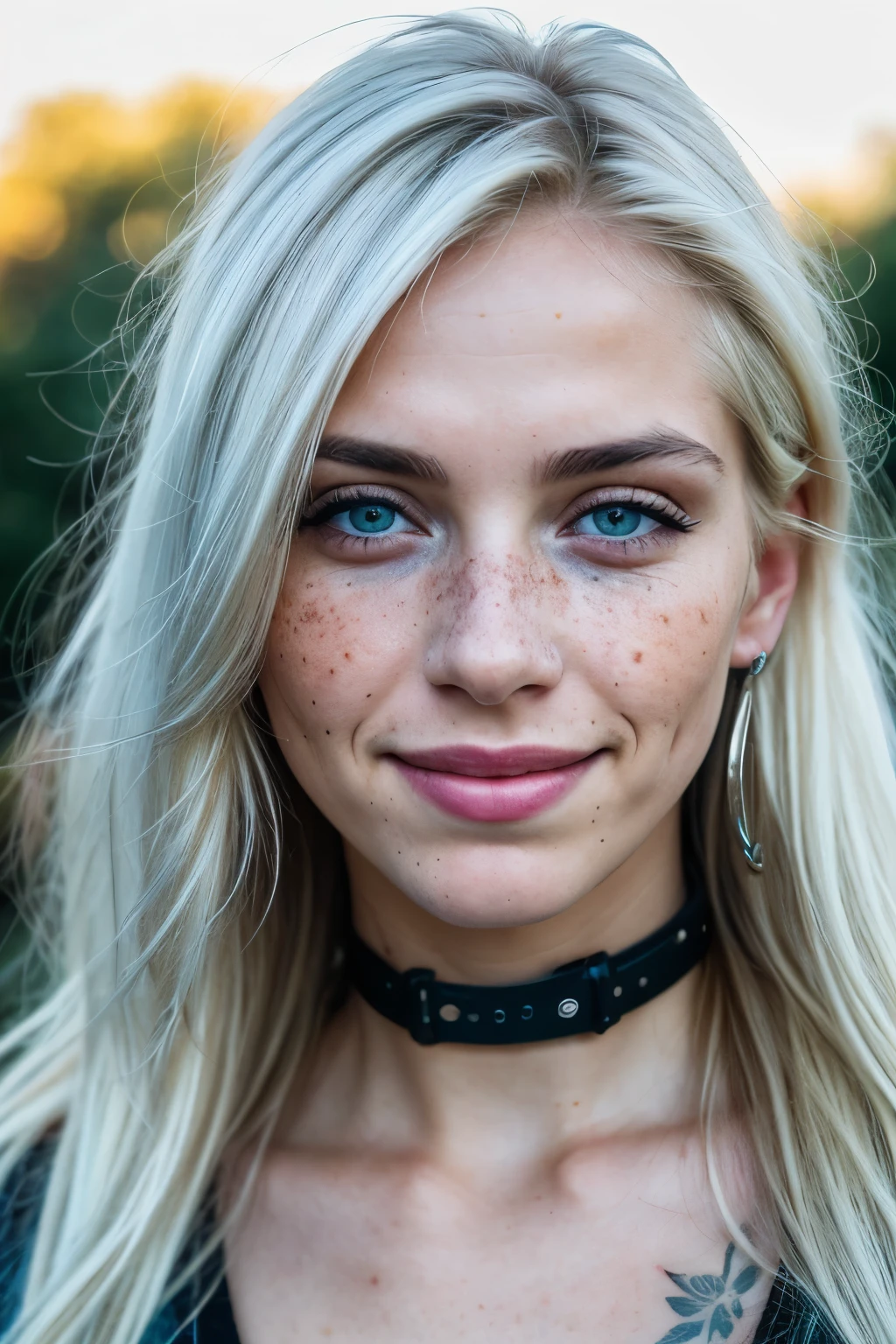 Taken with DSLR camera,Beautiful woman,outdoor close up,blonde white hair with blue highlights,fair skin soft skin,film grain,best quality,epic photo,freckles,beauty marks,realistic skin texture,realistic,HDR, piercings,tattoos,realistic,photorealistic,epiCRealism, artwork,best quality,bright lighting,high contrast,ultraviolet day,warm sunlight,warm tones,long hair,pretentious smile,sexy smile,