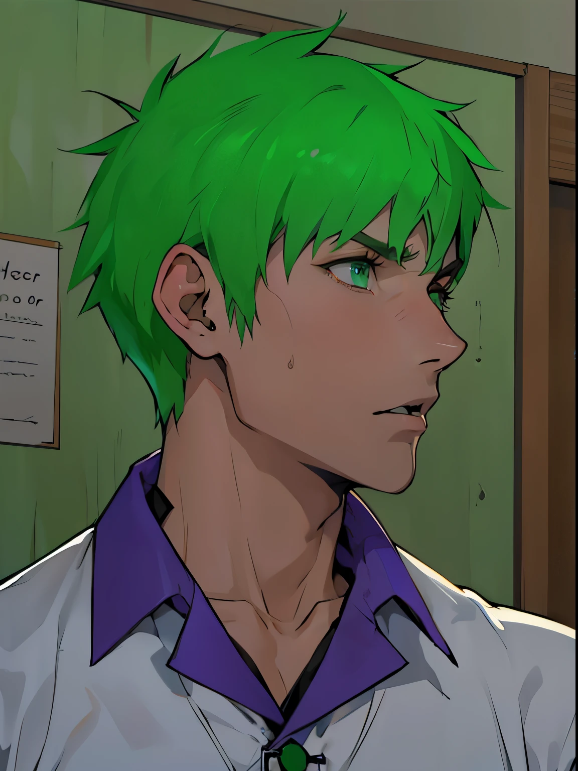 he is afraid he is nervous he speaks with his mouth open a cute young man of green hair and green eyes he speaks with fear you are shy he is scared nervous