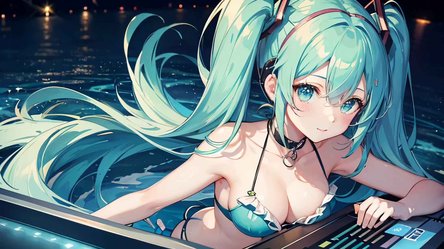 Hatsune Miku in a bikini DJing、Night view stage、4K