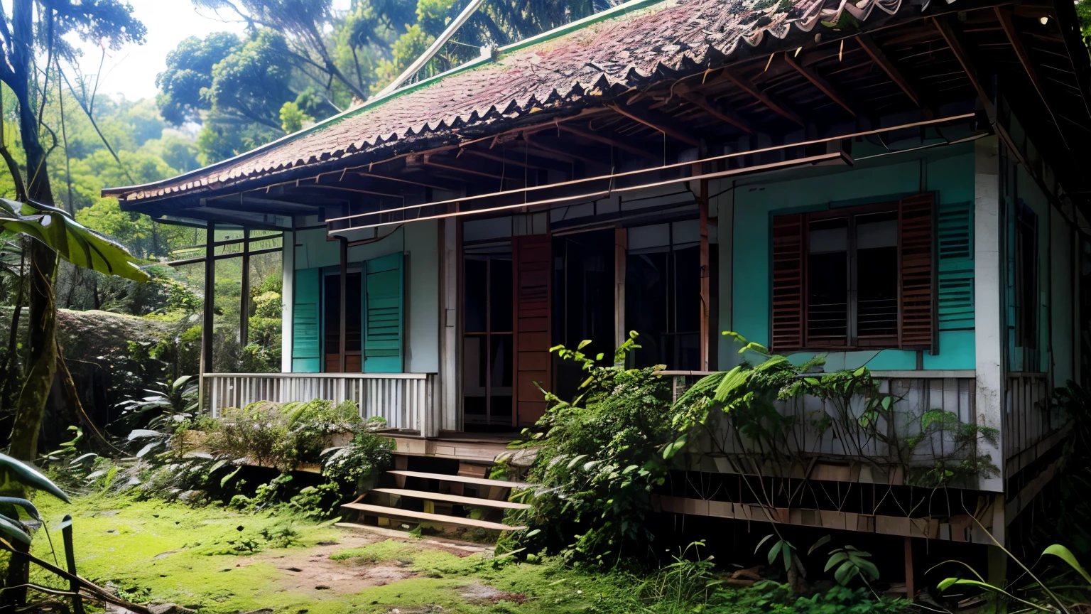 Casa abandonada no meio da floresta cheia de musgo, ambiente bonito, cores vivas, muito detalhe ((FULL HD))