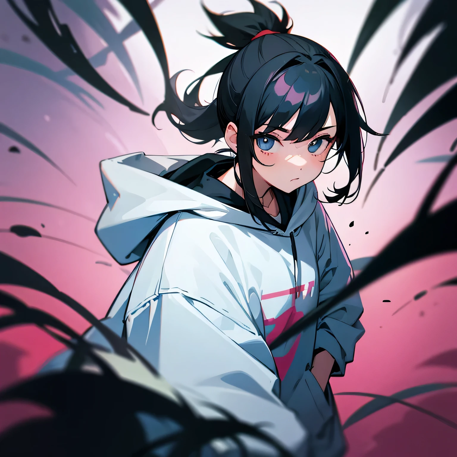 girl、Black Hair、ponytail、hoodie、escape