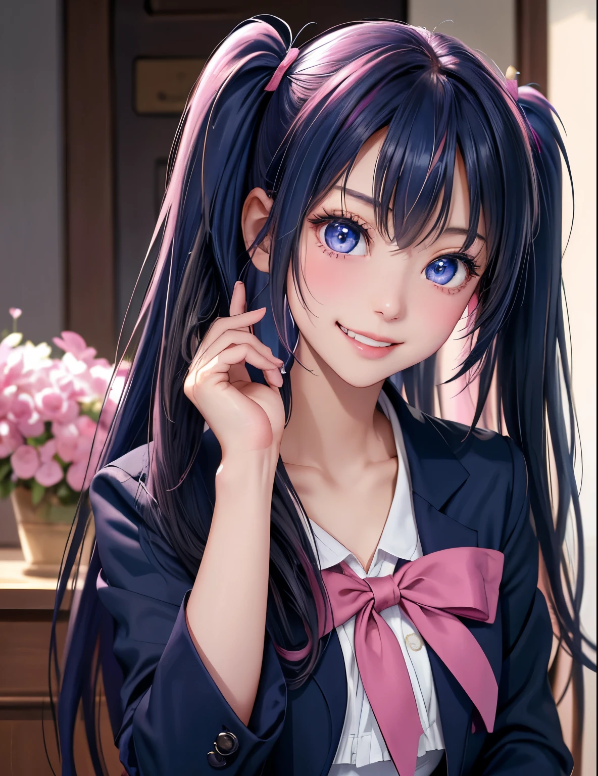 masterpiece:1.2、hightquality、top-quality、hight resolution、detaileds、A hyper-realistic、Beautiful high school girl、Adults、High 、Dark blue blazer、Pink mini skirt、Pink ribbon、long hair with pink twin tails,,、Beautiful blue eyes、tilt of the head、Schools、birdie、rainbows、portlate、Lovely smile、showing teeth、(A detailed face)、((sharp focus))、((faces))、Upper Body_Body