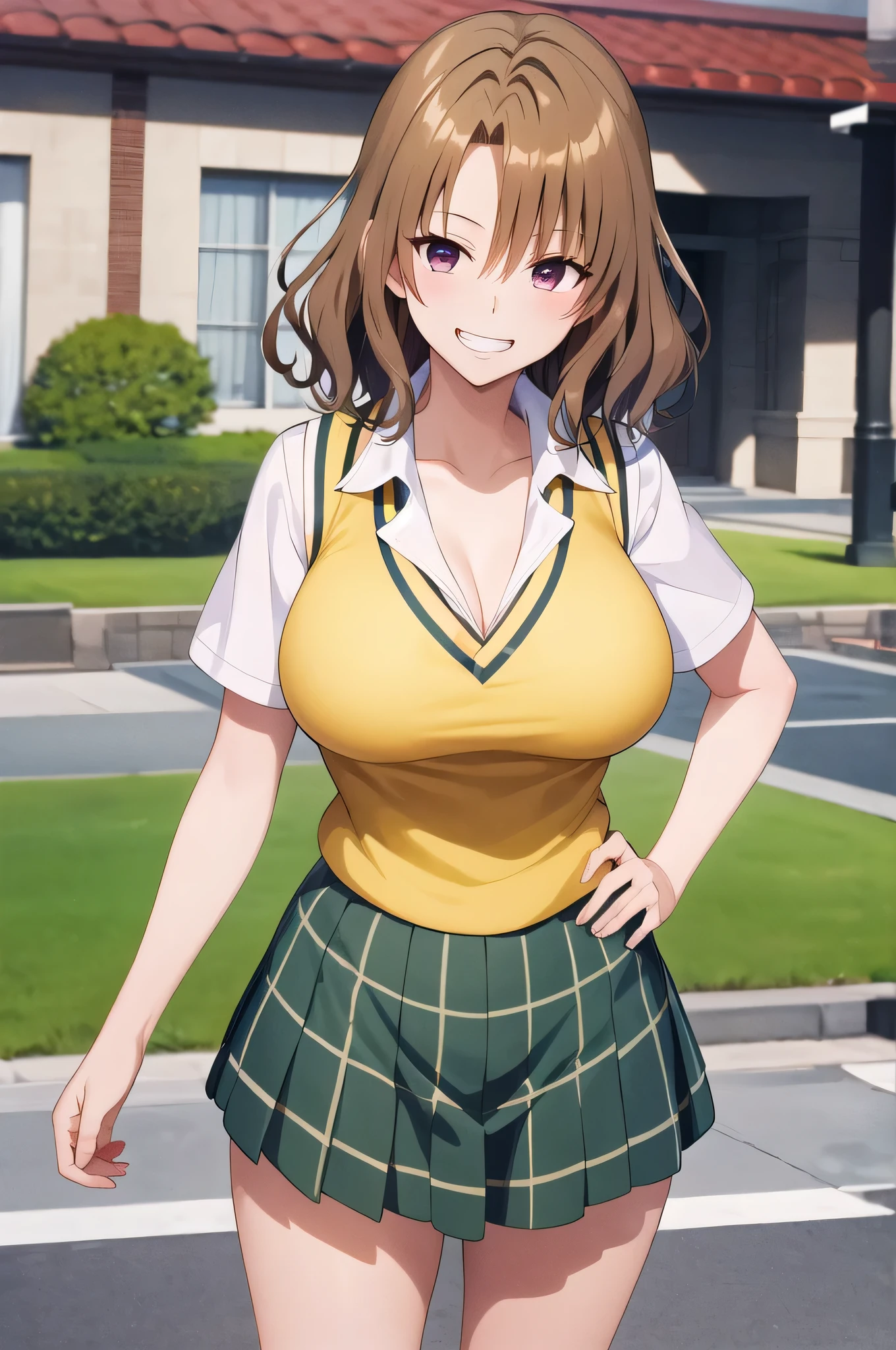 Anime Women、solo、Game CG style、masterpiece、highest quality、High resolution、Woman with short brown hair、Brown eyed woman、Wavy Hair、Big Breasts、A woman with very large breasts、Tall Woman、clavicle、、High school girls、Collared shirt、White shirt、Sweater vest、(Yellow vest:1.2)、Short sleeve、Checkered Skirt、Green Skirt、Pleated skirt、Navy blue knee-high sockary jane、Mouth open、A woman is standing、Cowboy Shot、Outdoor、Sexy vibe、Perfect proportions、Grin、Women in focus、looking at viewer、