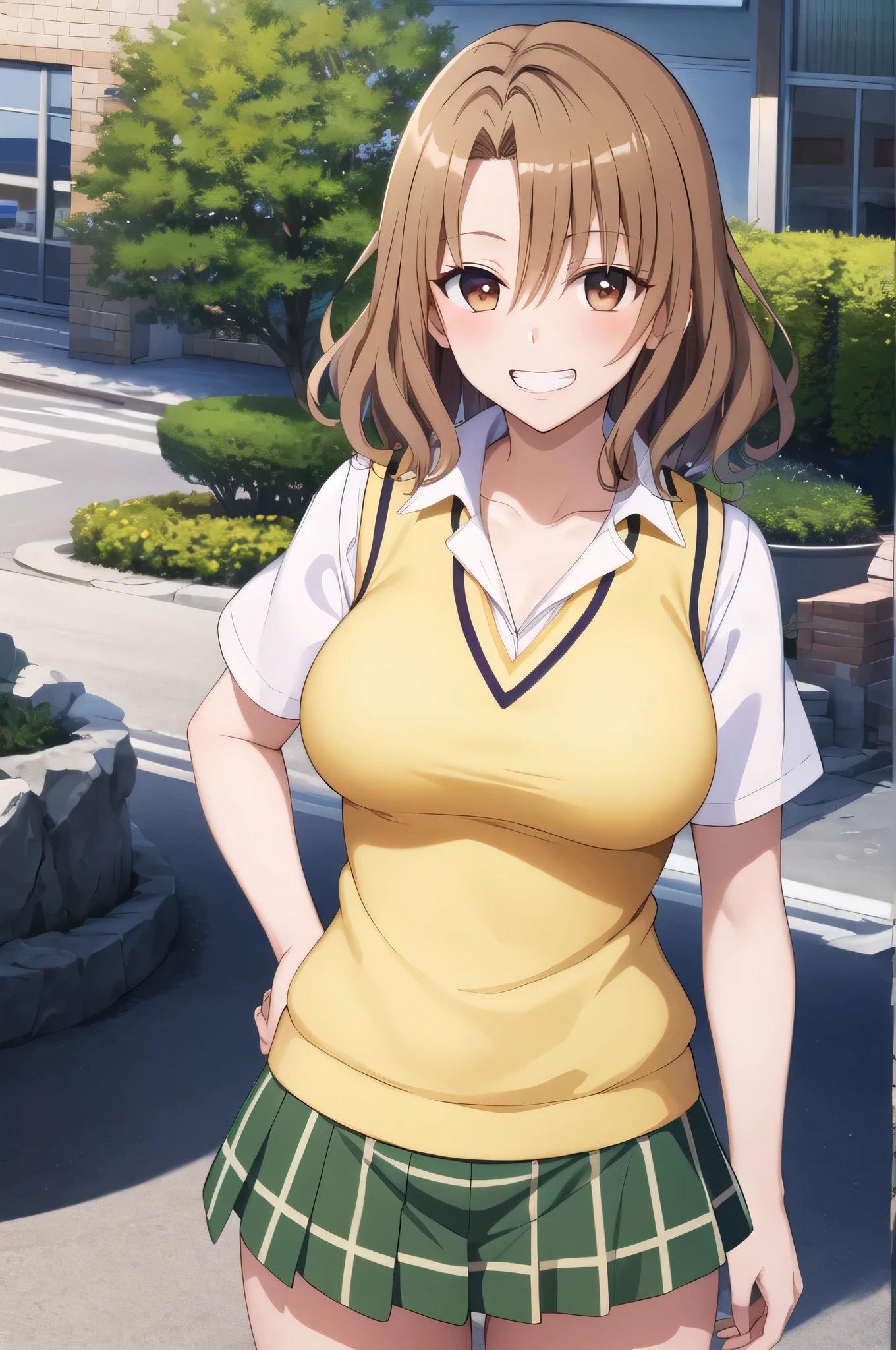 Anime Women、solo、Game CG style、masterpiece、highest quality、High resolution、Woman with short brown hair、Brown eyed woman、Wavy Hair、Big Breasts、A woman with very large breasts、Tall Woman、clavicle、、High school girls、Collared shirt、White shirt、Sweater vest、(Yellow vest:1.2)、Short sleeve、Checkered Skirt、Green Skirt、Pleated skirt、Navy blue knee-high sockary jane、Mouth open、A woman is standing、Cowboy Shot、Outdoor、Sexy vibe、Perfect proportions、Grin、Women in focus、looking at viewer、