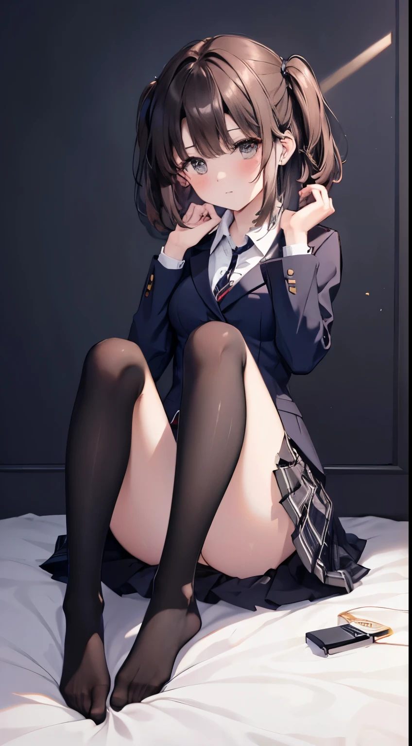 finest, masterpiece, High resolution, (Full body view from head to toe), Composition from slightly below the front, Symmetrical, 18 years old, slim and beautiful girl, alone, (small breasts), (not wearing shoes),Unkempt brown hair, bangs, (black tights), (black pantyhose), tied up with both arms hidden behind the back, , blush, shy big eyes, looking at camera, blazer uniform, plaid pleated skirt、Panties around ankles、Black knee-high socks